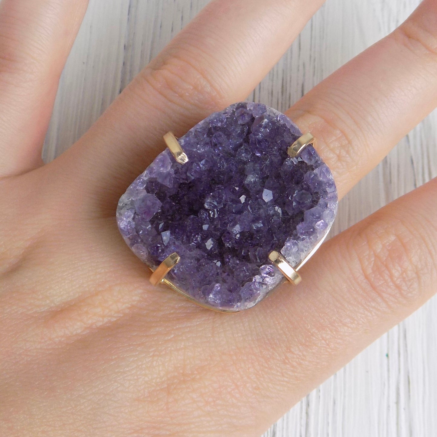 Large Raw Amethyst Druzy Ring Gold Adjustable, Purple Crystal Statement Rings For Women, G14-207