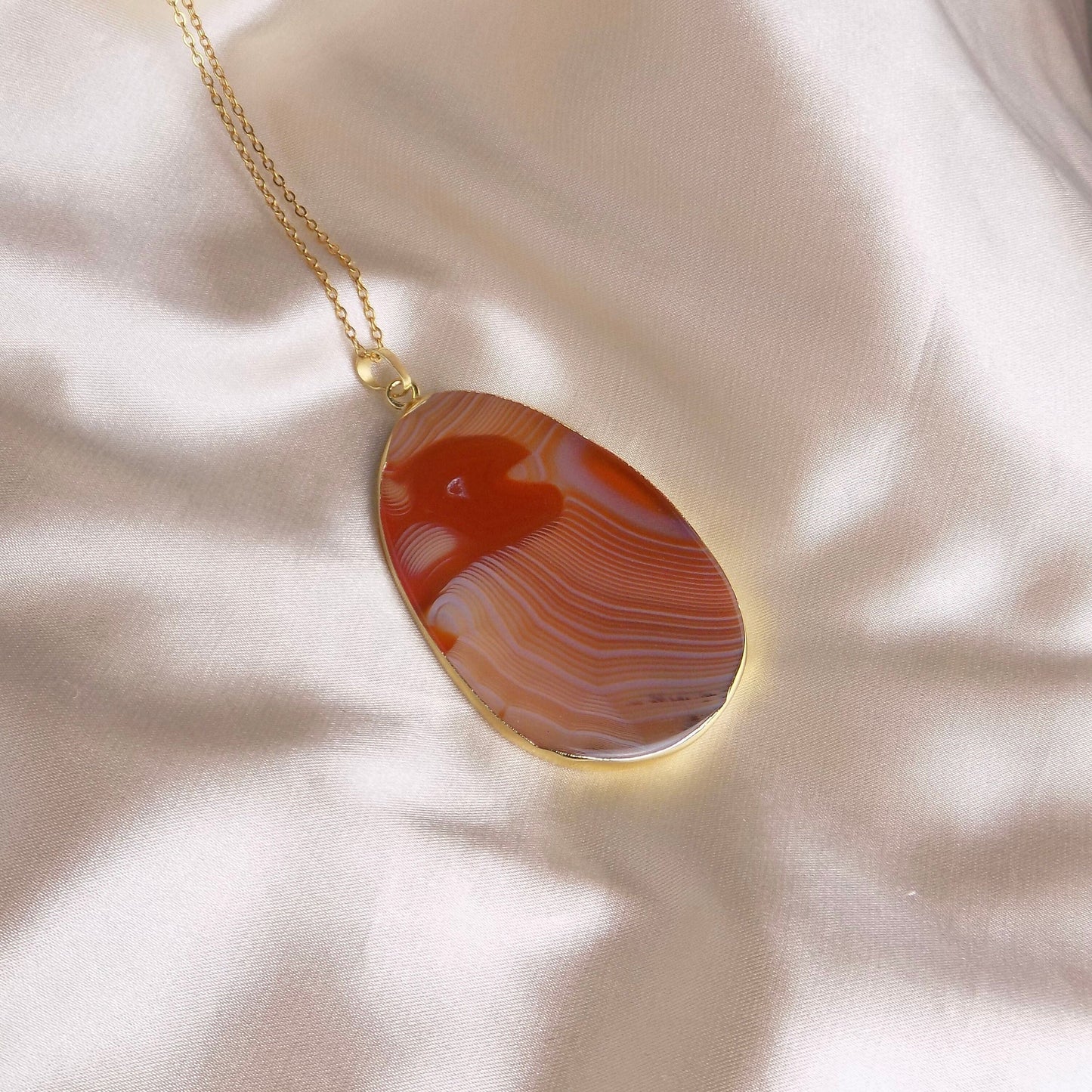 Extra Large Agate Necklace Gold, Orange Brown Agate Slice, Boho Long Layer, Gift For Mom, G15-06