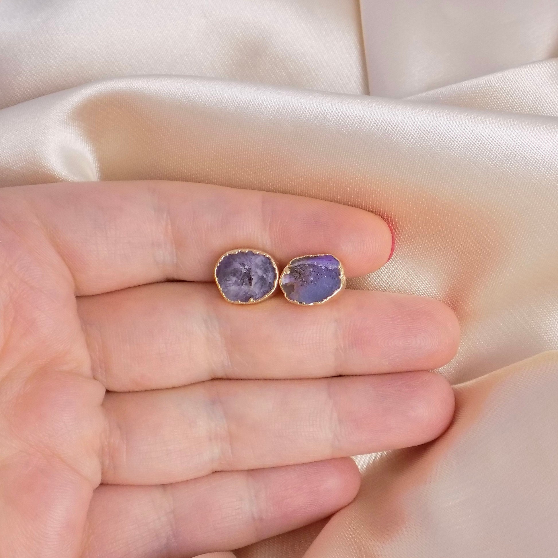 Purple Geode Earrings Studs, Raw Crystal Earrings, Bridesmaid Gifts, Gift For Wife, G15-10