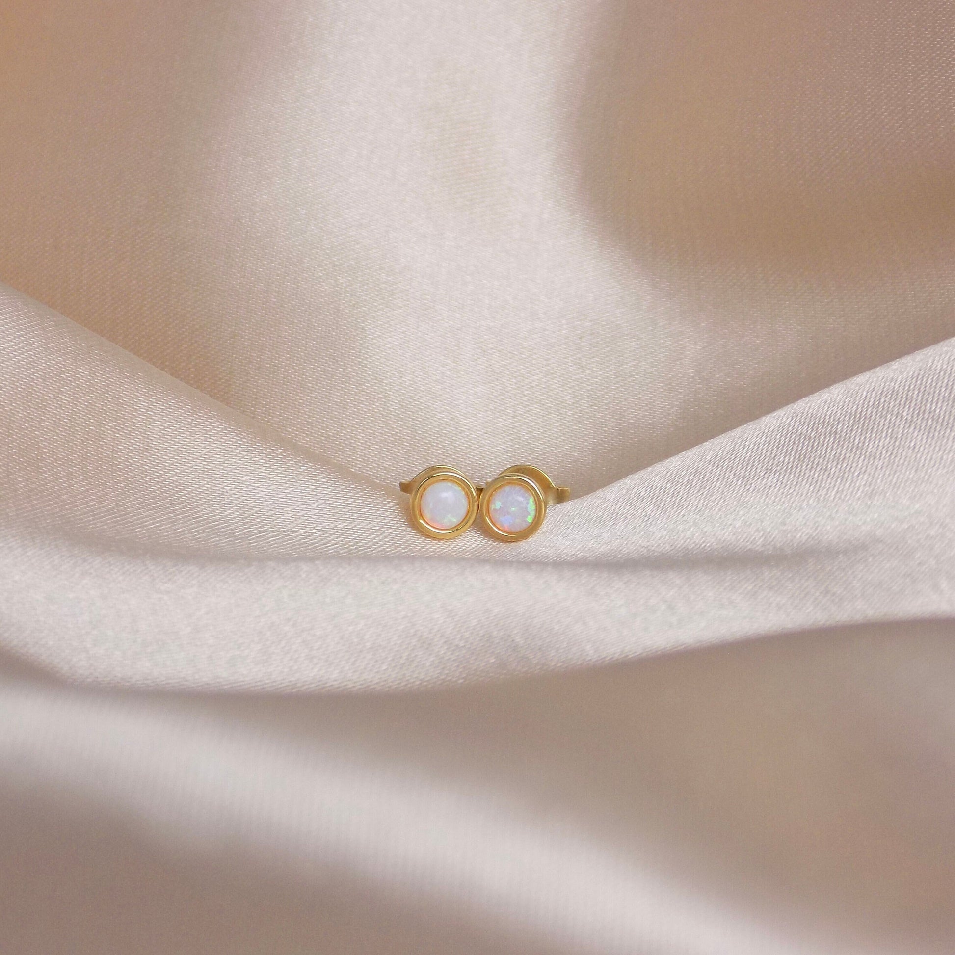 Tiny Opal Stud Earrings Gold, 4mm, October Birthstone Studs, Gift Women, M6-786