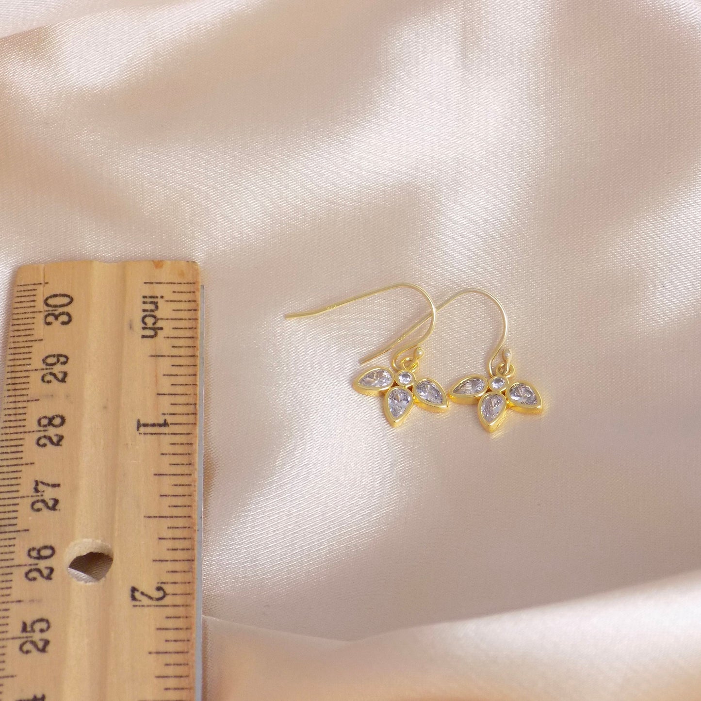 Gold Flower Earrings, Cubic Zirconia Drop Earrings, Gift Women, M6-788