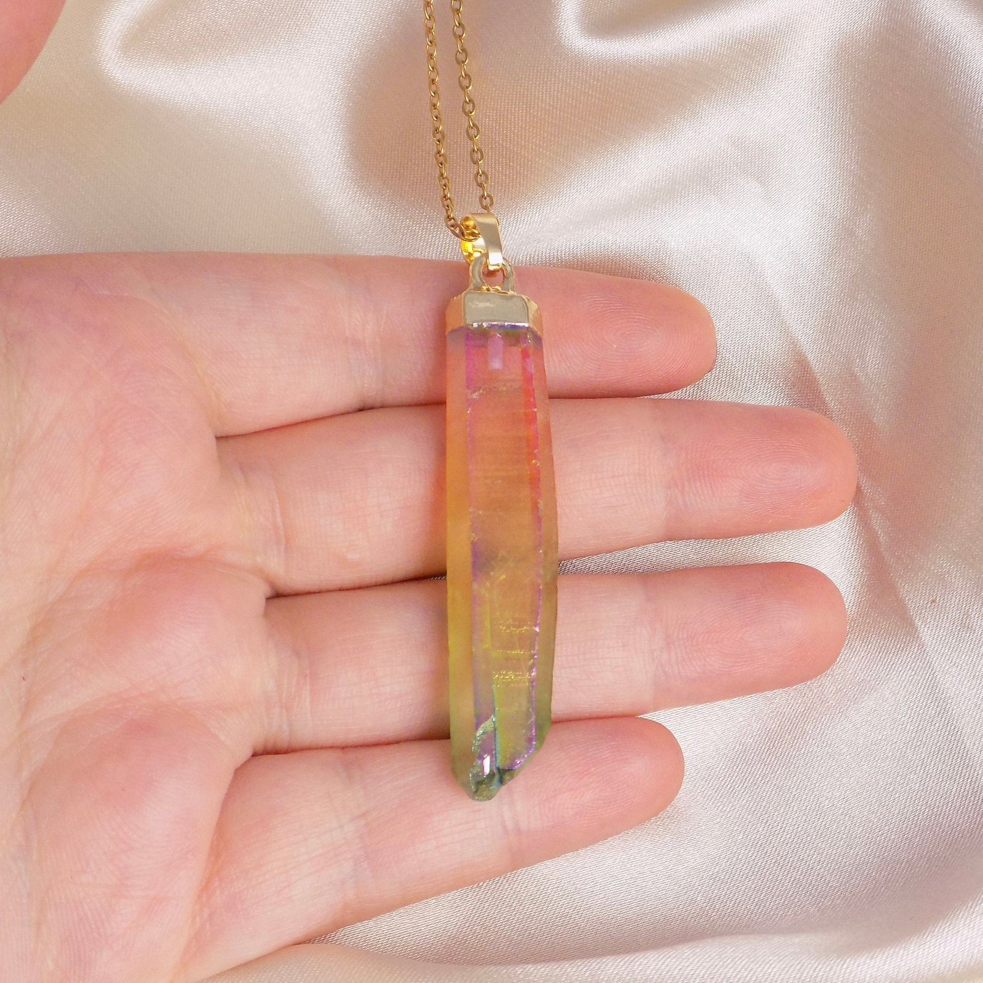 Rainbow Aura Quartz Necklace Gold, Unique Iridescent Crystal Jewelry Boho, Gift For Her, M7-05