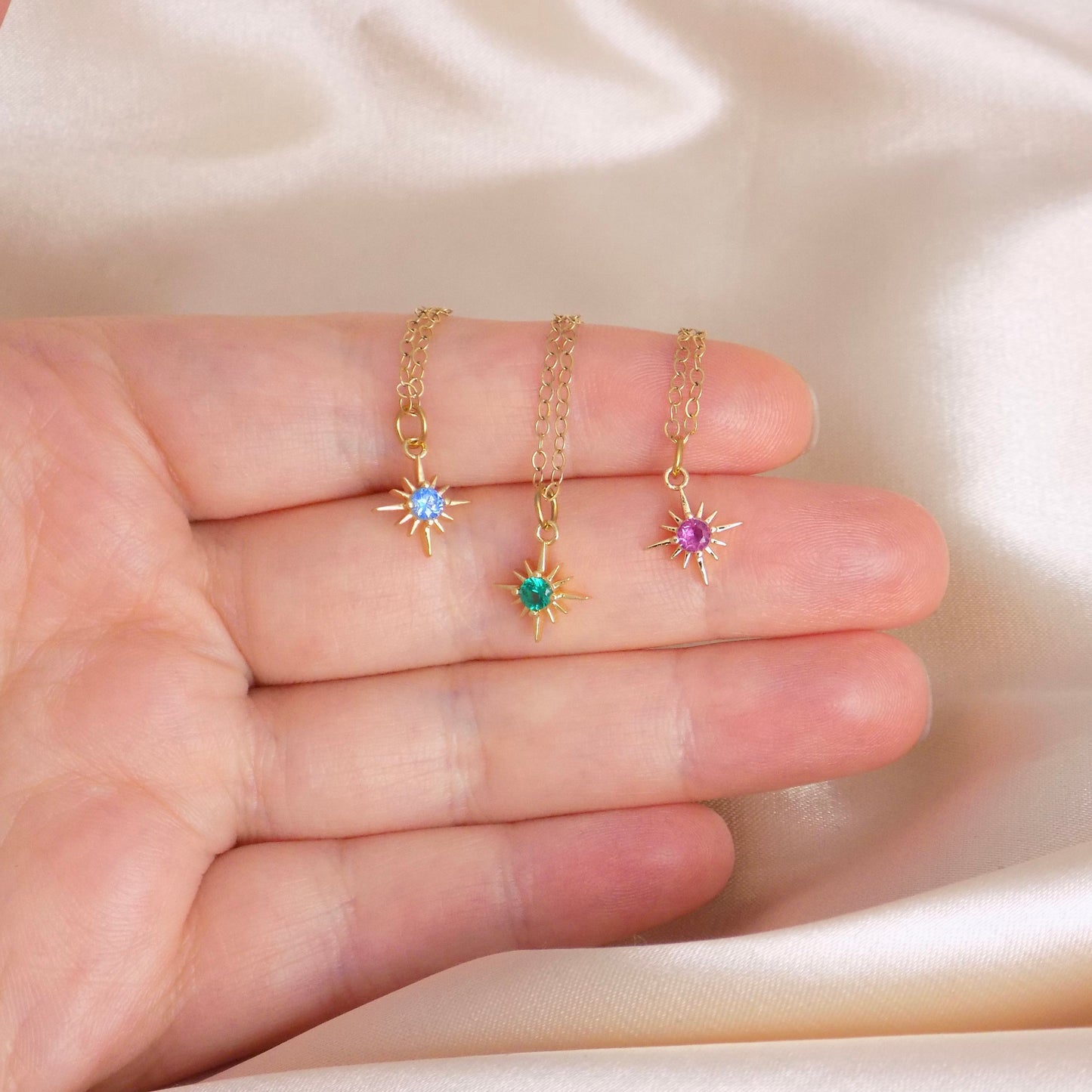 Tiny Birthstone Necklace, Colorful Starburst Charm, Customized Birthday Gift For Her, M6-791