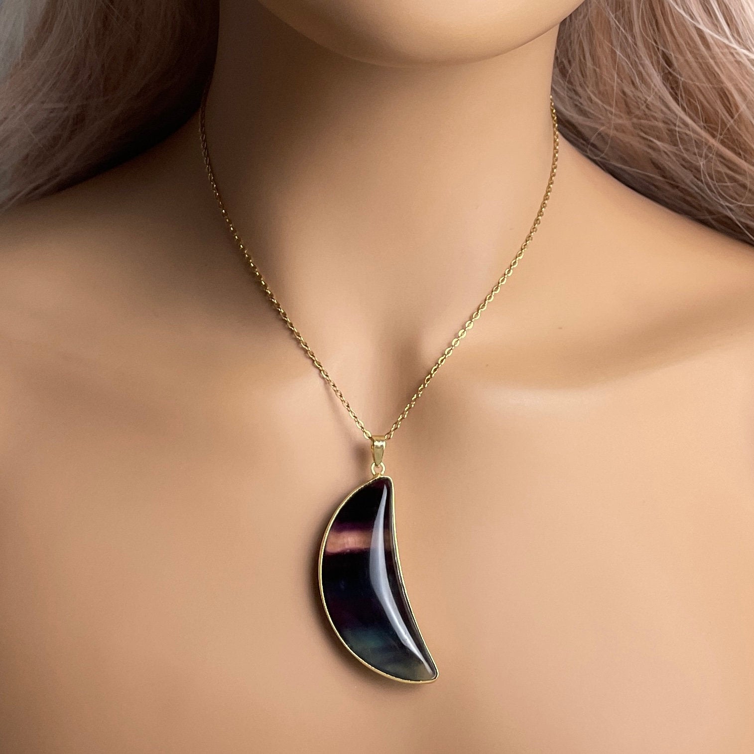 Multicolor Fluorite Necklace Gold, Large Crescent Moon Necklace Boho Layer, Gift Women, M7-57