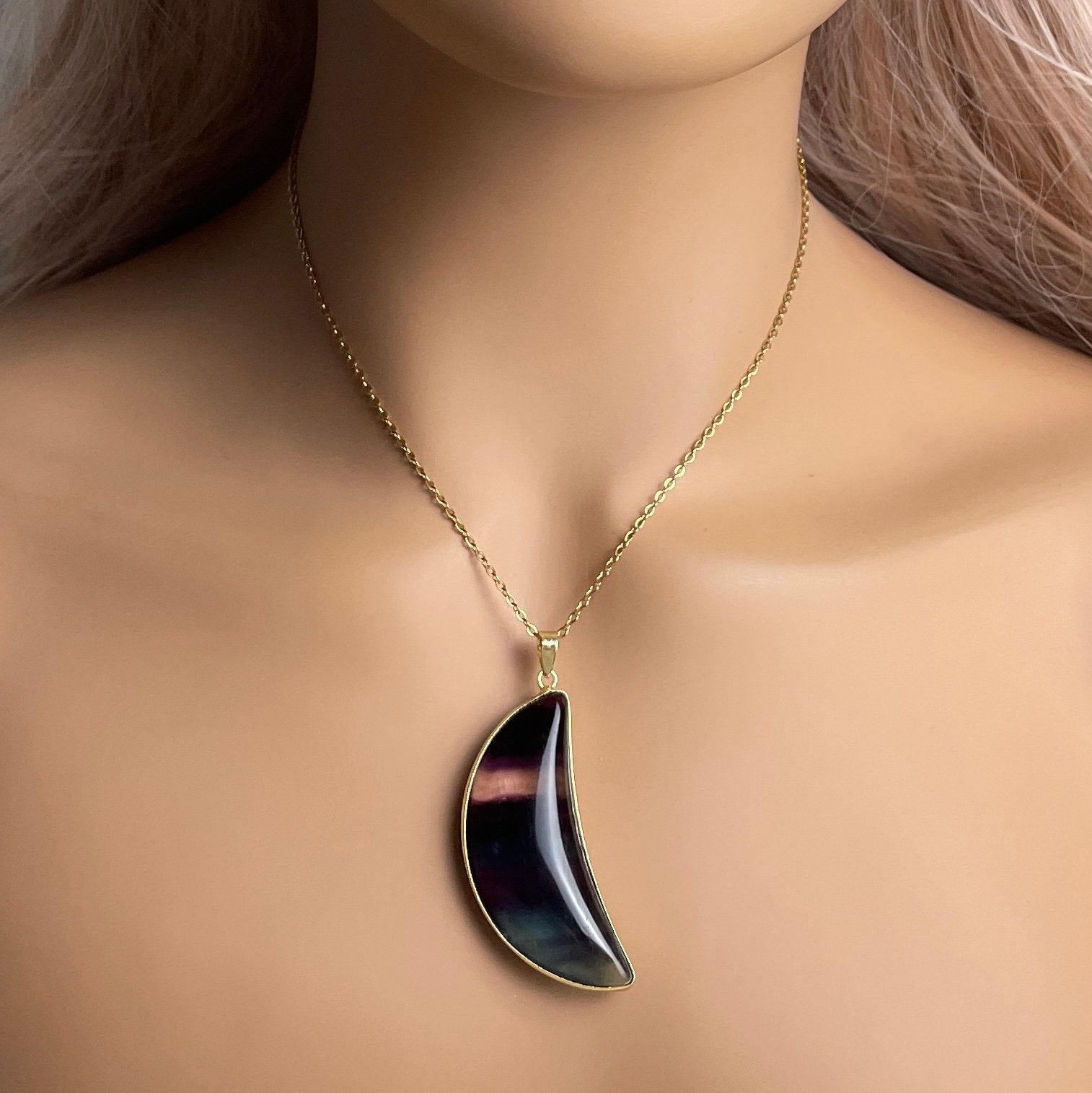 Seven Chakra Crystal Necklace Gold, Large Crescent Moon Necklace Boho Layer, Gift Women, M7-26