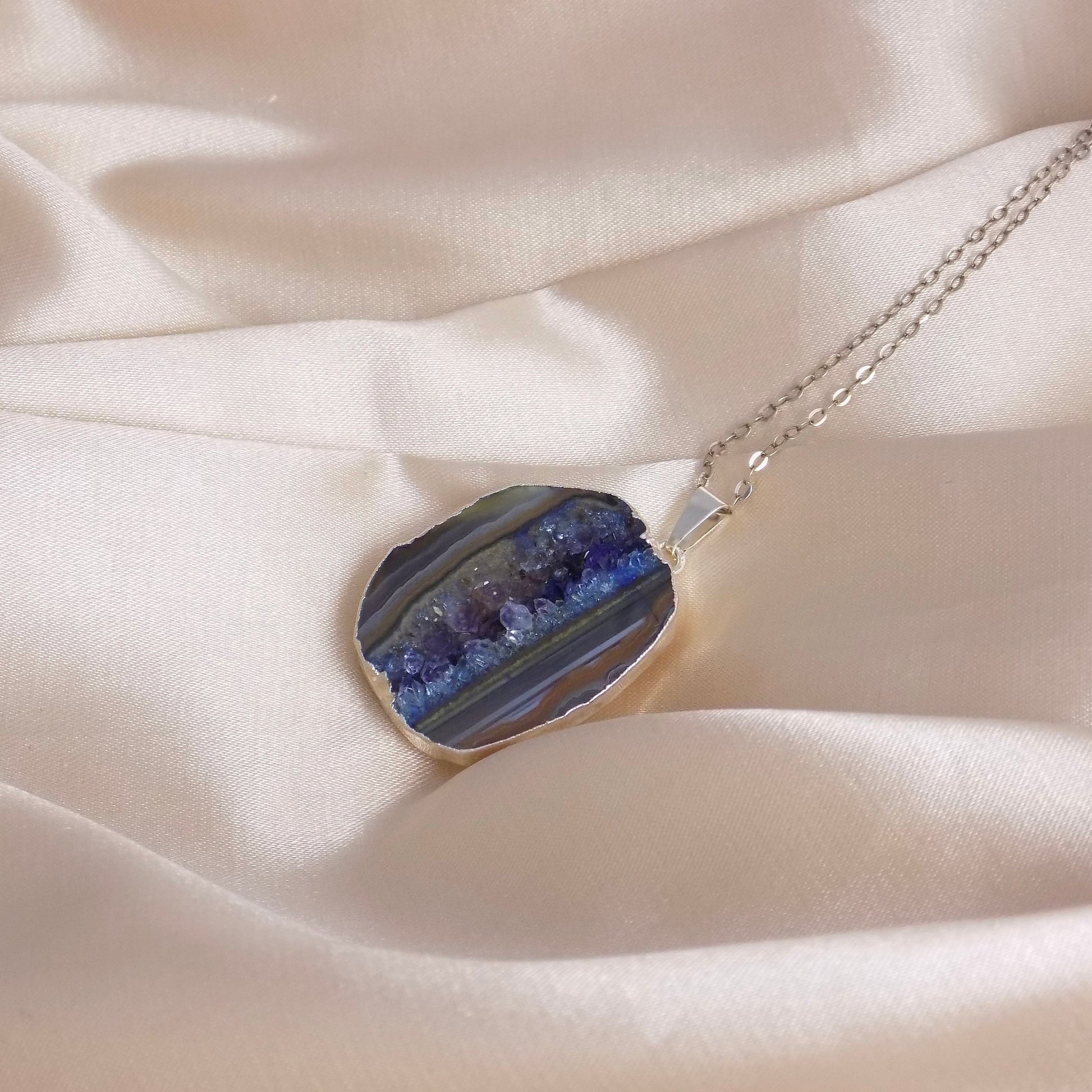 Blue Geode Necklace Silver, Druzy Necklace For Women, Gifts For Mom, G14-849