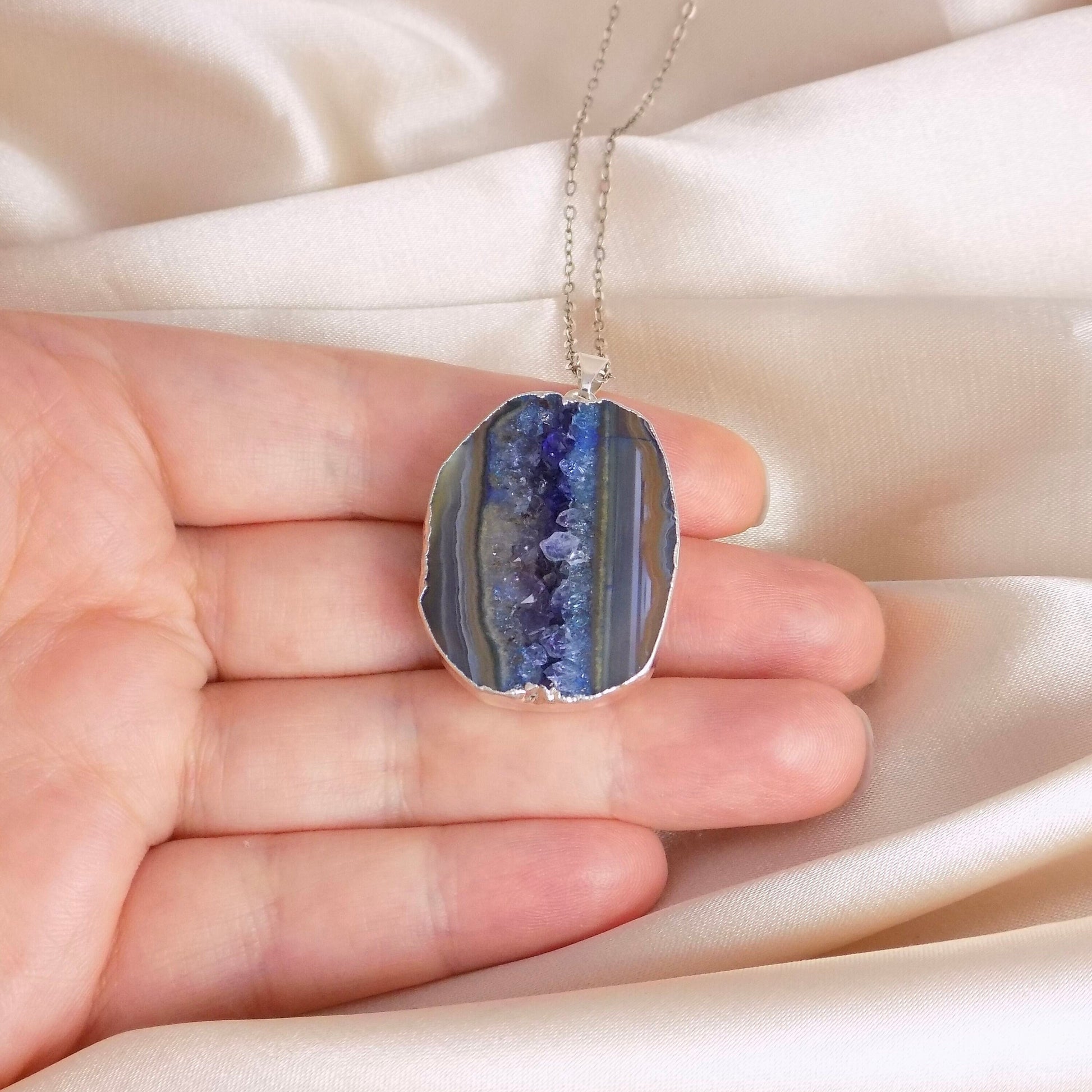 Blue Geode Necklace Silver, Druzy Necklace For Women, Gifts For Mom, G14-849