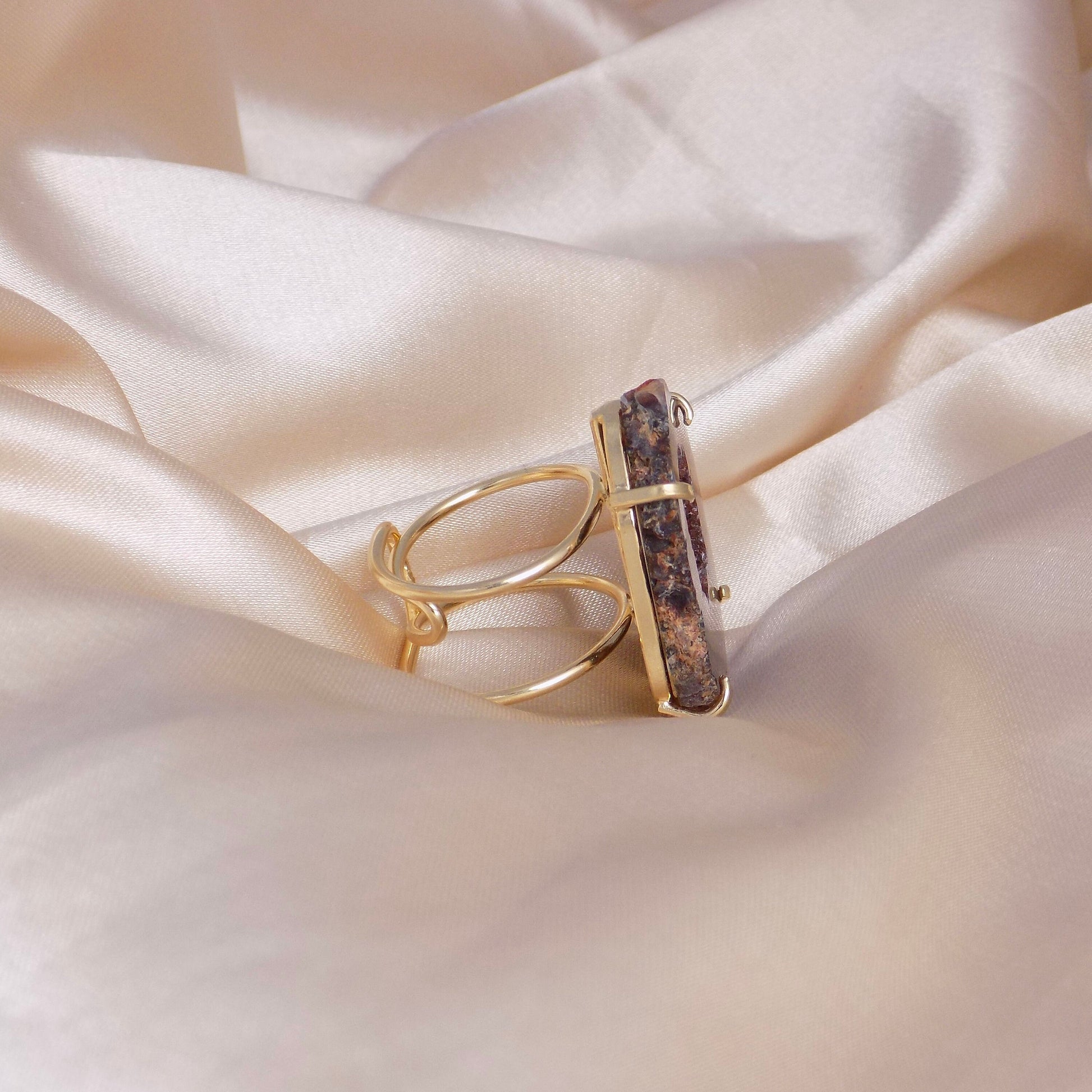 Brown Geode Slice Gemstone Ring Gold Plated Adjustable Band, G15-27