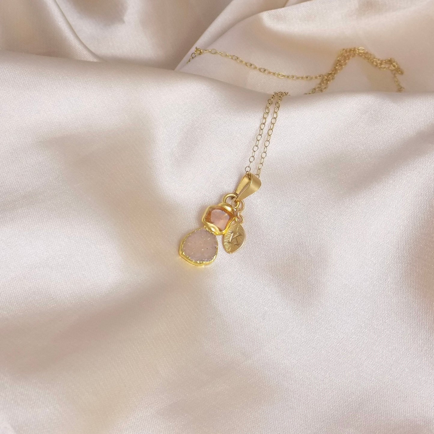 Unique Citrine Crystal Minimalist Necklace Gold, Personalized Druzy Charm with Initial, Yellow Stone, Gifts For Mom, M7-08