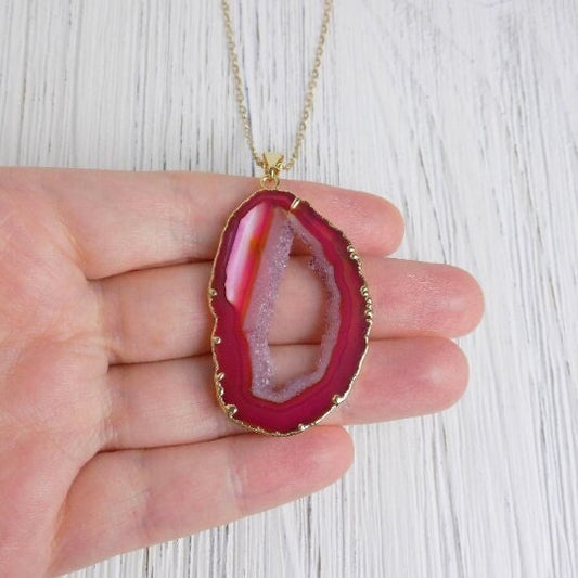Hot Pink Geode Necklace - Raw Crystal Pendant Necklace