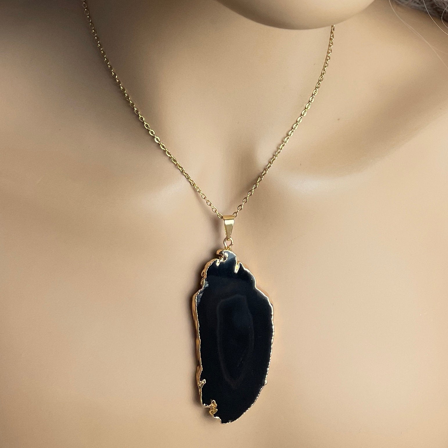 Large Black Agate Necklace Gold, Crystal Slice Pendant For Women, Gifts For Mom, G15-148
