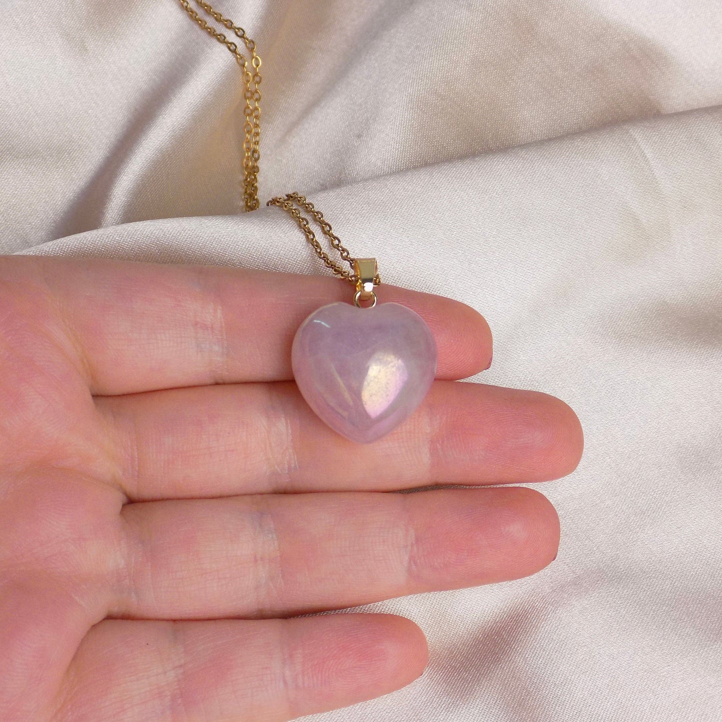 Rose Quartz Heart Pendant, Iridescent Aura Crystal Pendant, Gift Women, M7-09