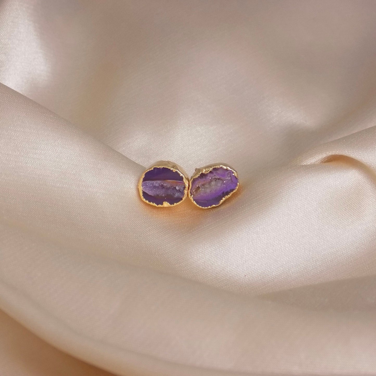 Unique Crystal Stud Earrings, Purple Geode Earrings, Bridesmaid Gifts, Gift For Wife, G15-48