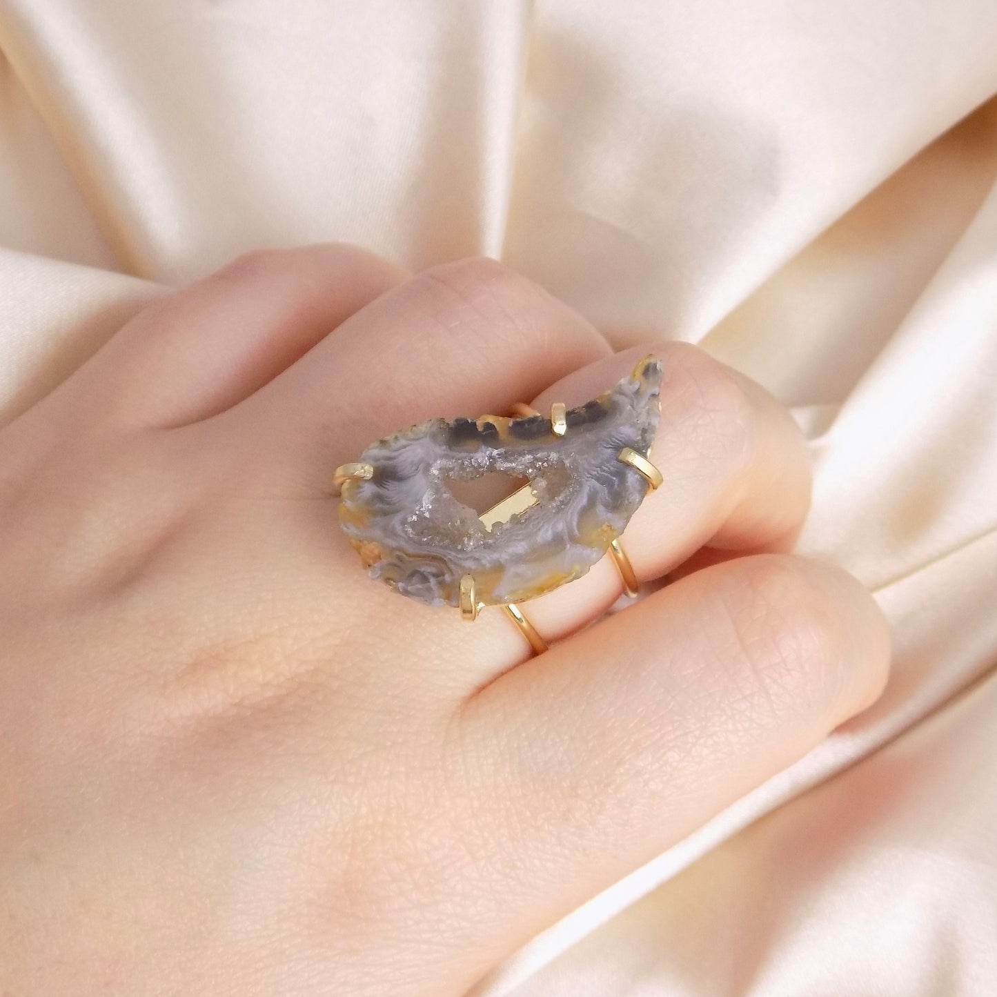 Geode Slice Ring Gold Plated Adjustable, Large Gray Crystal Cocktail Ring For Women, G15-01
