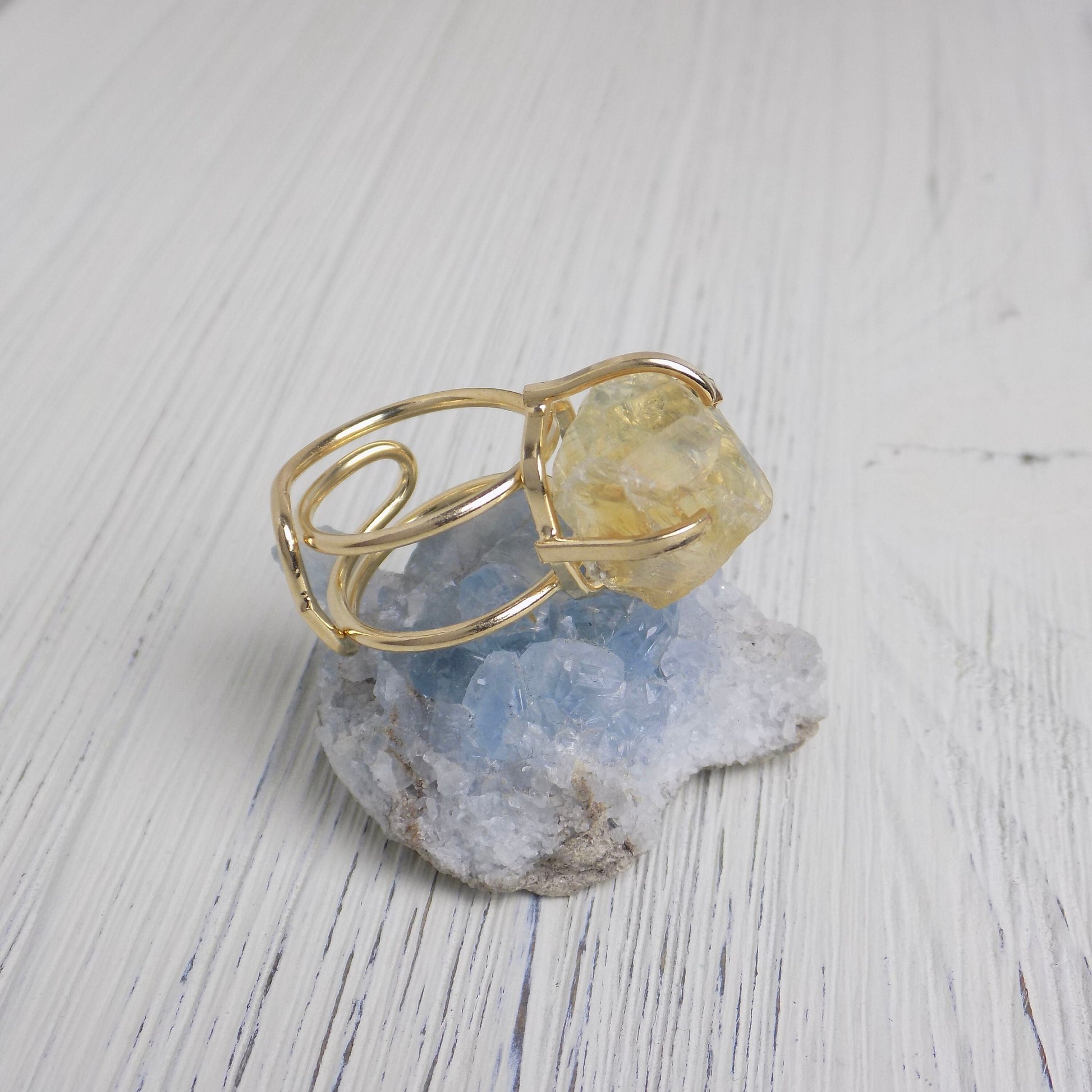 Citrine Ring - Raw Citrine Ring Gold Plated Adjustable Band