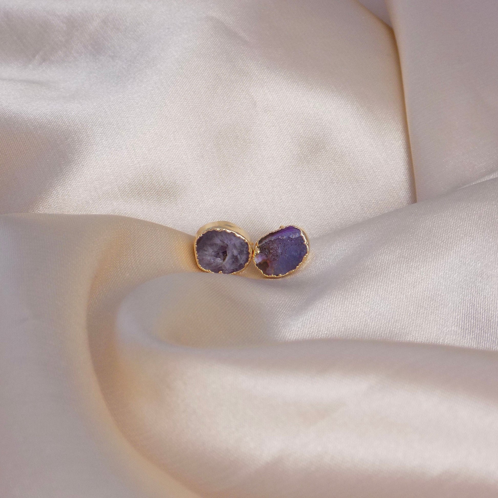 Purple Geode Earrings Studs, Raw Crystal Earrings, Bridesmaid Gifts, Gift For Wife, G15-10