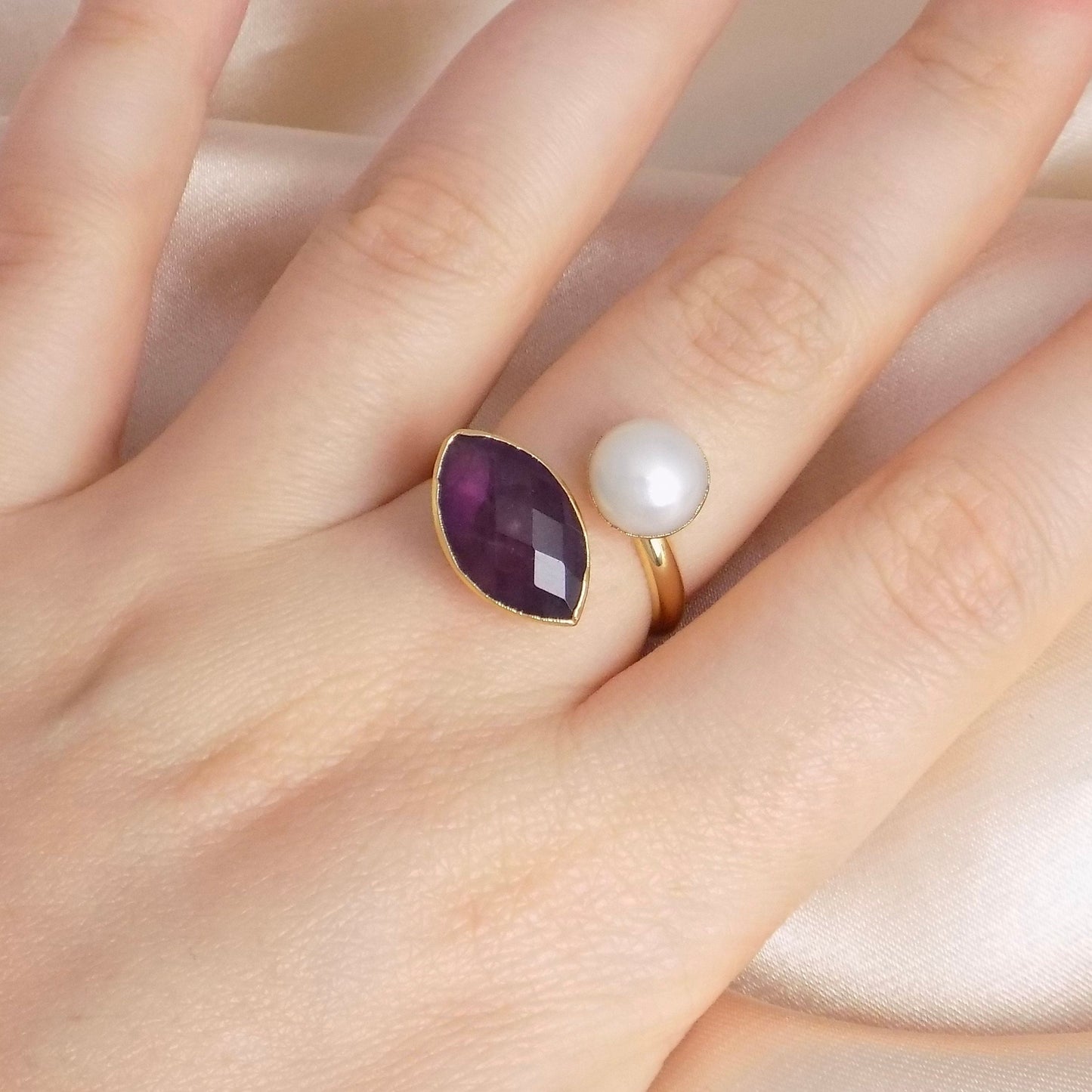 Amethyst Ring, Freshwater Pearl Ring, Gold Adjustable Multistone Statement Rings, Gift Women, M7-11