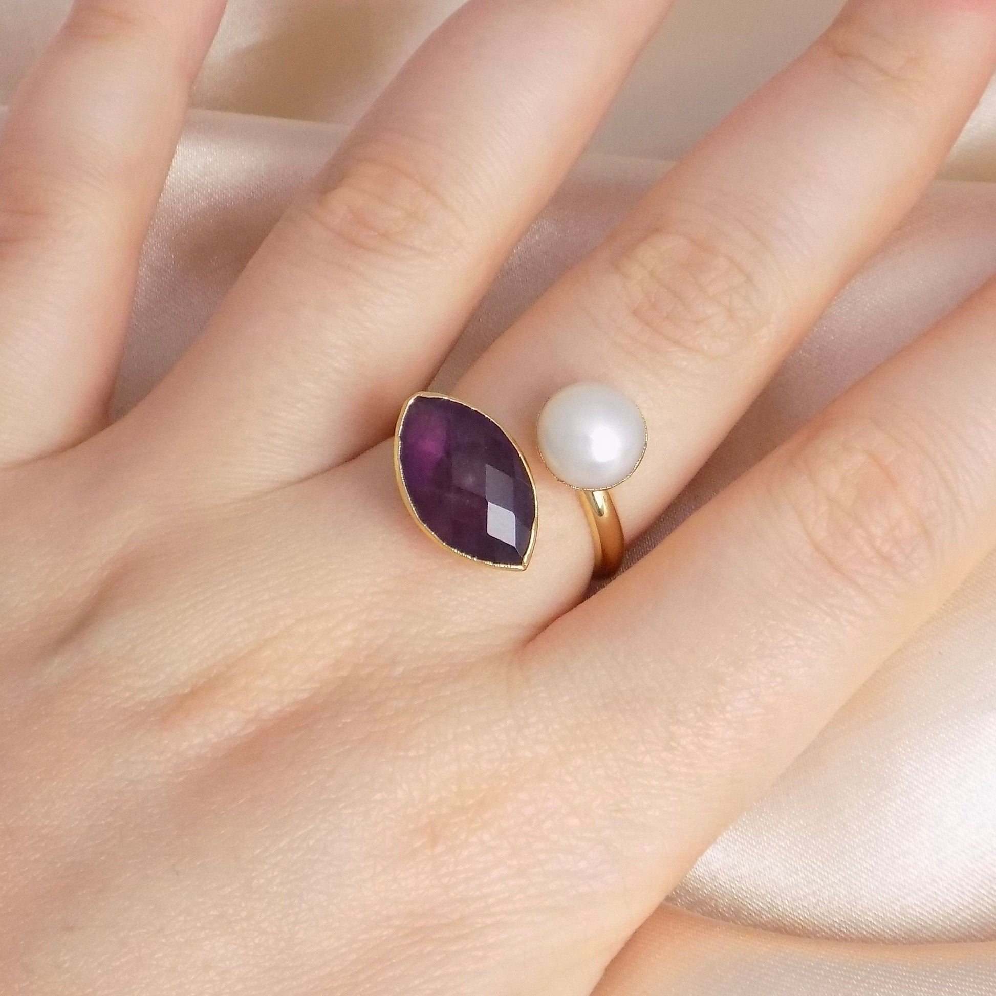 Amethyst Ring, Freshwater Pearl Ring, Gold Adjustable Multistone Statement Rings, Gift Women, M7-11