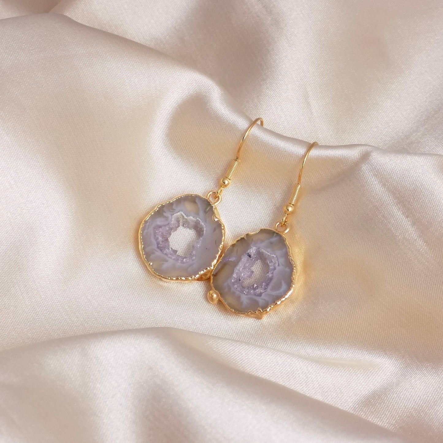 Small Geode Slice Earrings Gold, Gemstone Jewelry Gift Women, G15-14