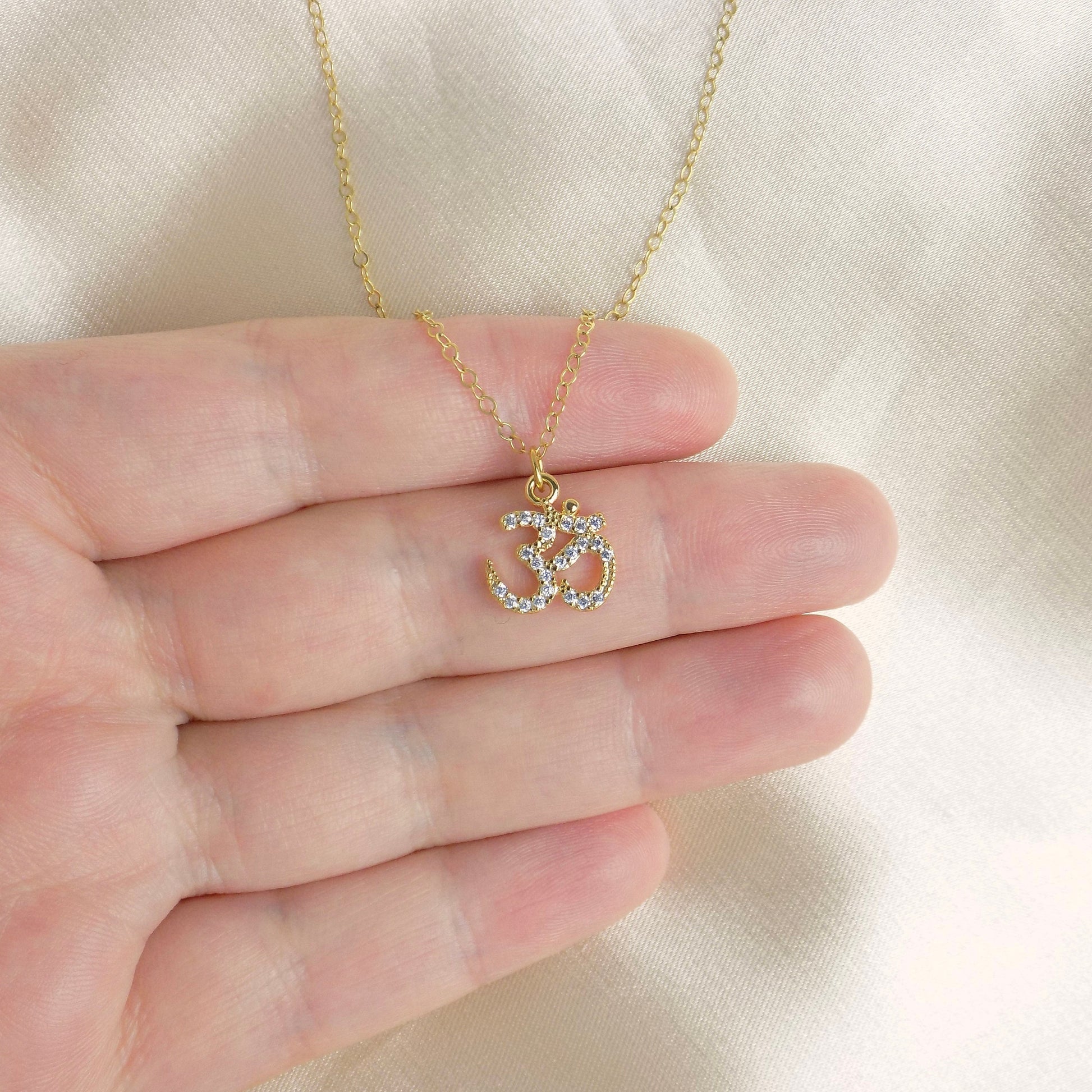 Gift Women, Gold Ohm Om Minimalist Necklace Zircon, Delicate Charm Necklace Layering, M5-611