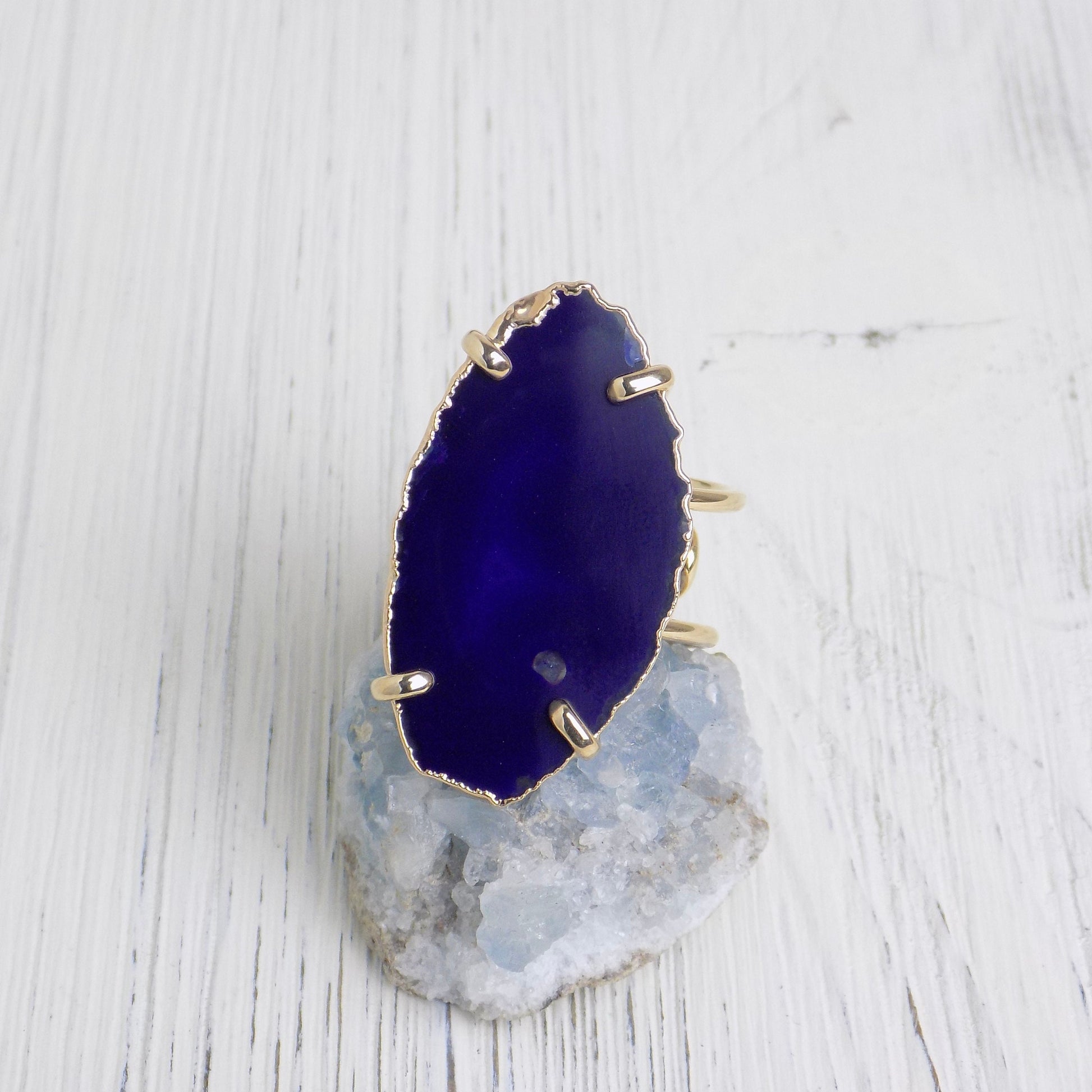 Purple Statement Gemstone Ring Gold Adjustable, Agate Slice Rings, Gift For Mom, G14-150