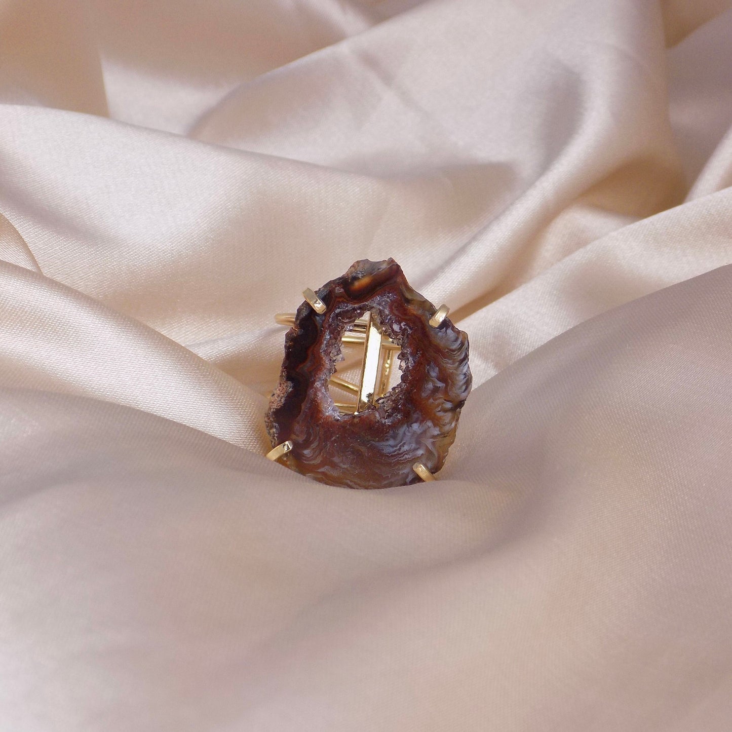 Brown Geode Slice Gemstone Ring Gold Plated Adjustable Band, G15-27