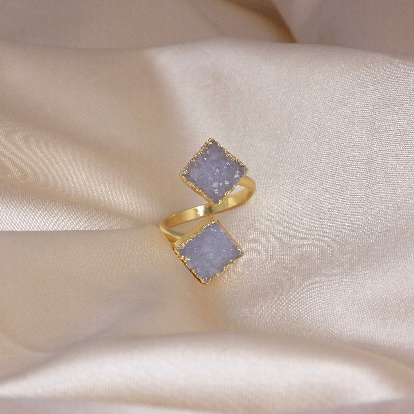 Gray Druzy Ring Gold Plated Adjustable, Minimalist Crystal Rings For Women, M7-22