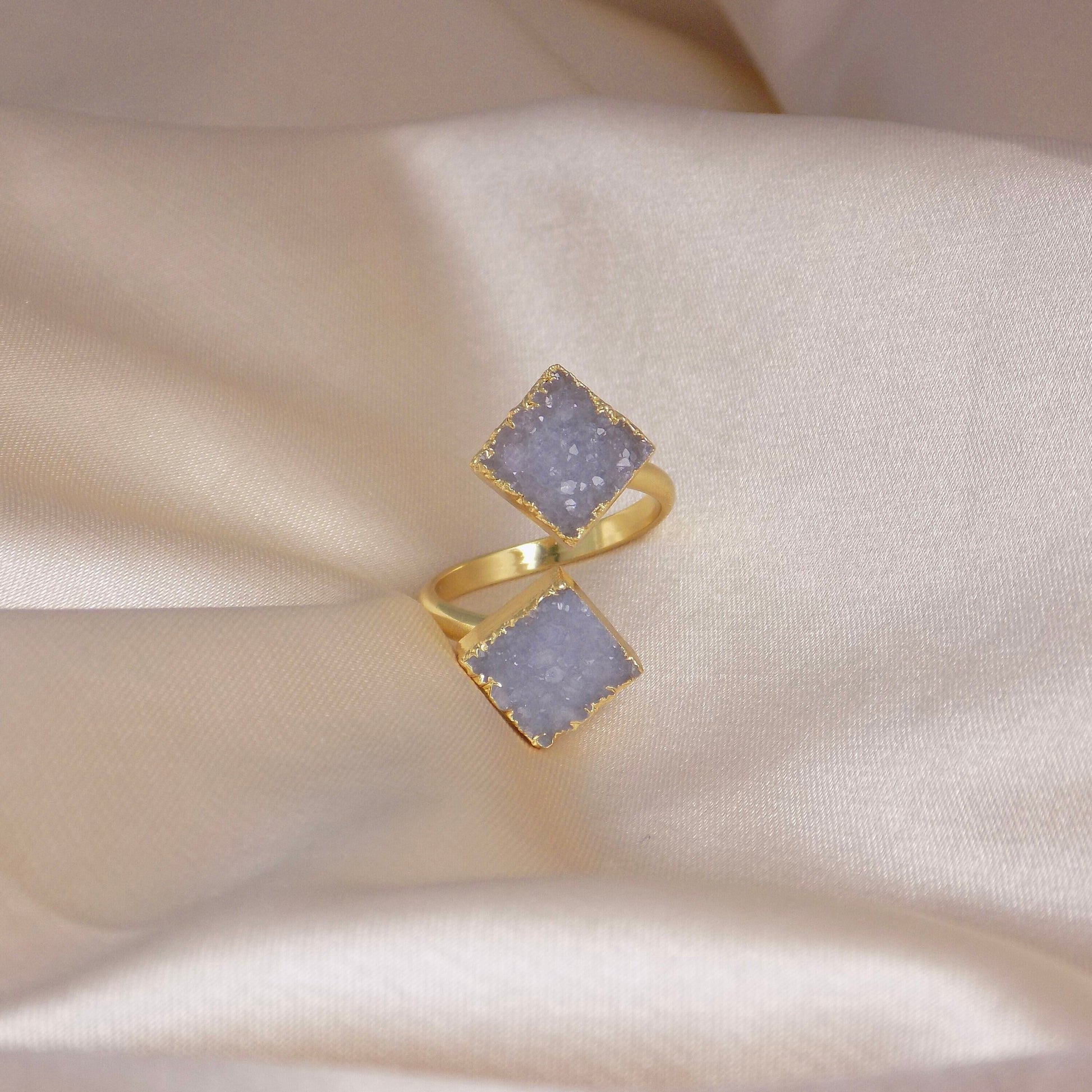 Gray Druzy Ring Gold Plated Adjustable, Minimalist Crystal Rings For Women, M7-22
