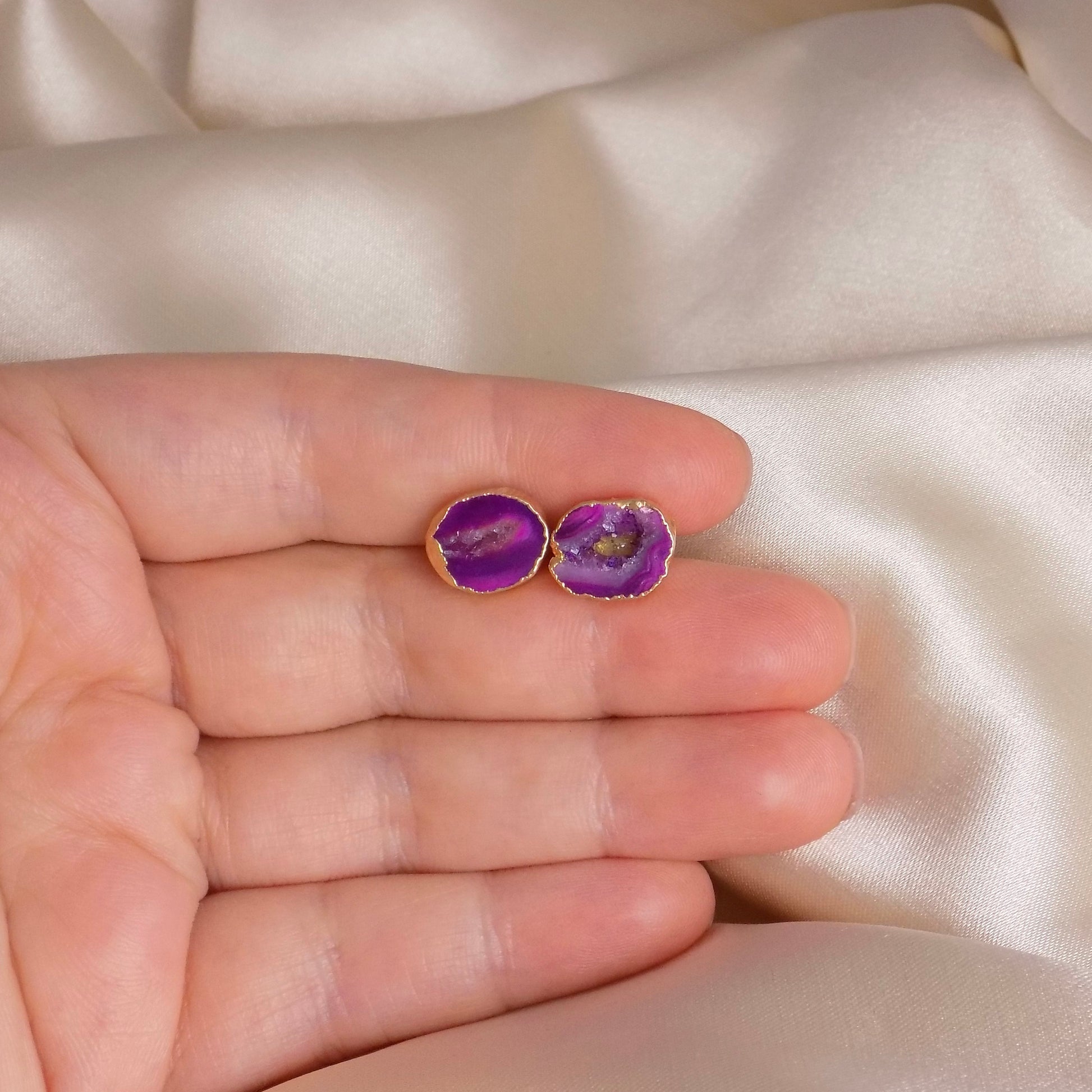 Unique Pink Gemstone Stud Earrings Gold, Geode Cave Crystal Earrings, Gift Women, G15-71