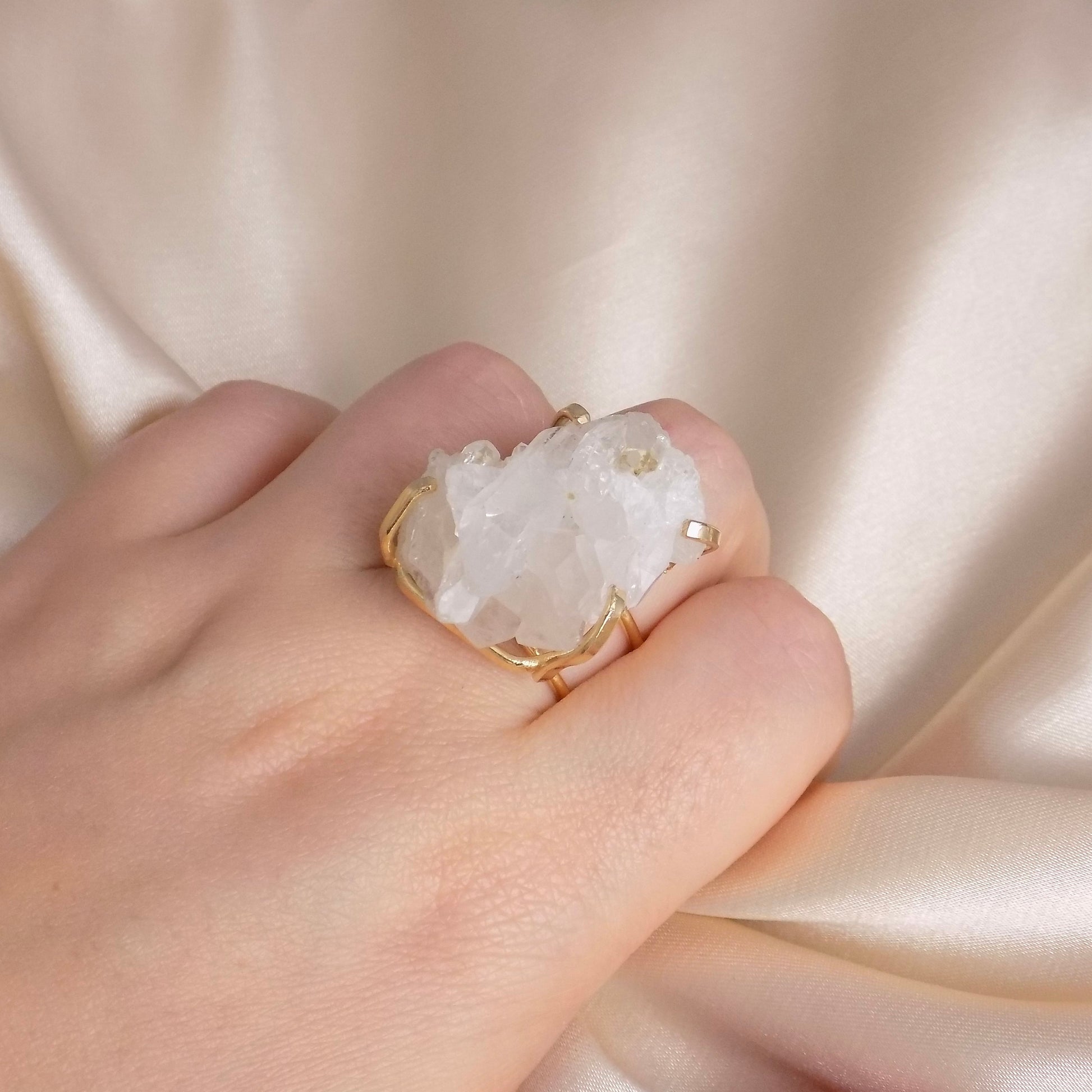 Raw Crystal Statement Ring Gold Plated Adjustable, White Sparkly Gemstone, G15-47