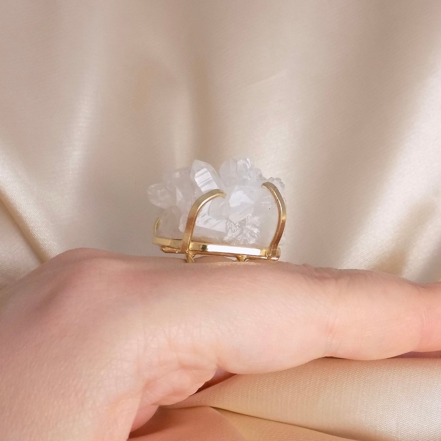 Raw Crystal Statement Ring Gold Plated Adjustable, White Sparkly Gemstone, G15-47
