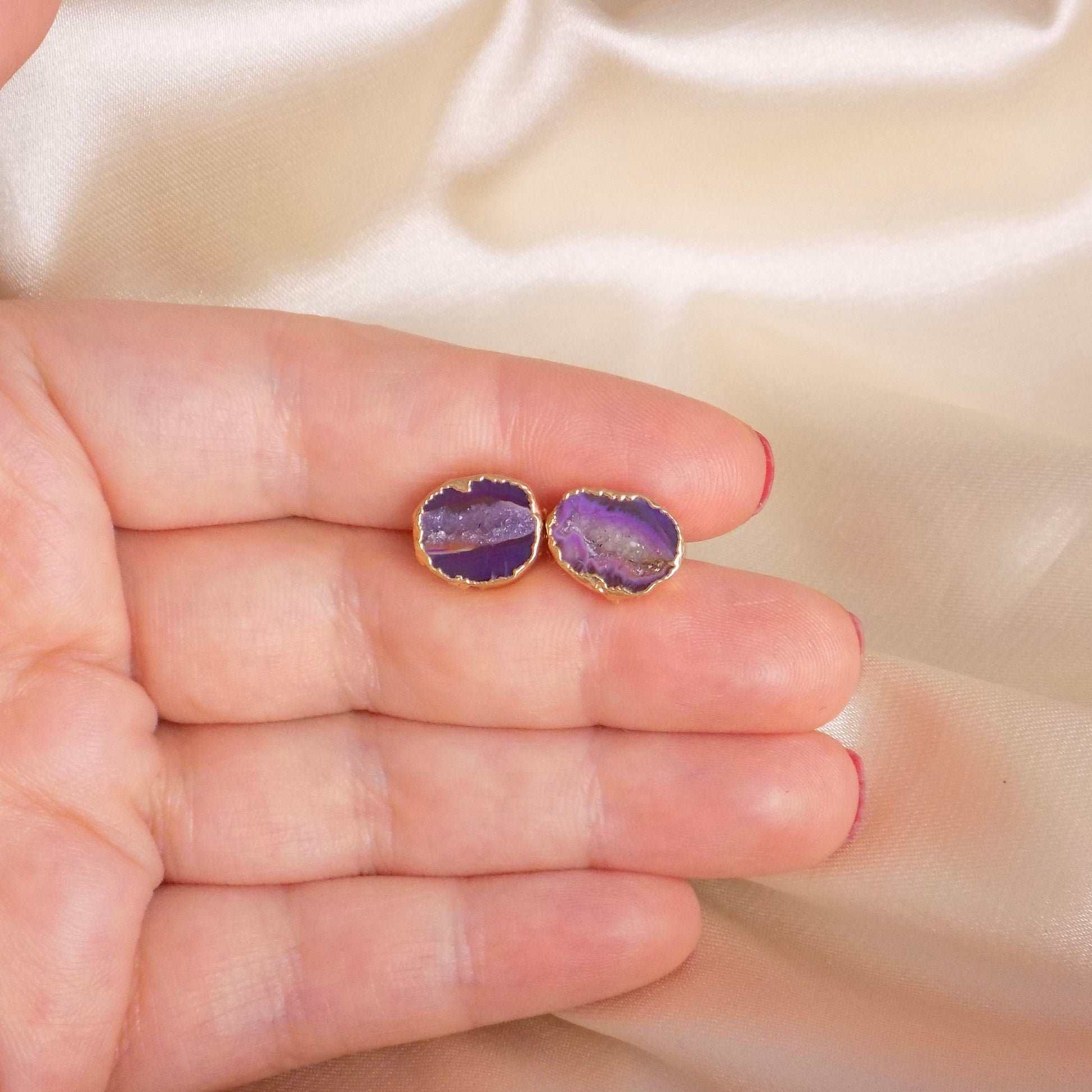Unique Crystal Stud Earrings, Purple Geode Earrings, Bridesmaid Gifts, Gift For Wife, G15-48