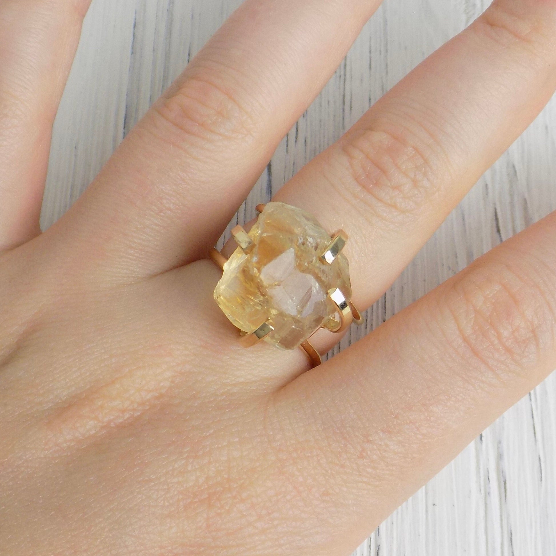 Citrine Ring - Raw Citrine Ring Gold Plated Adjustable Band