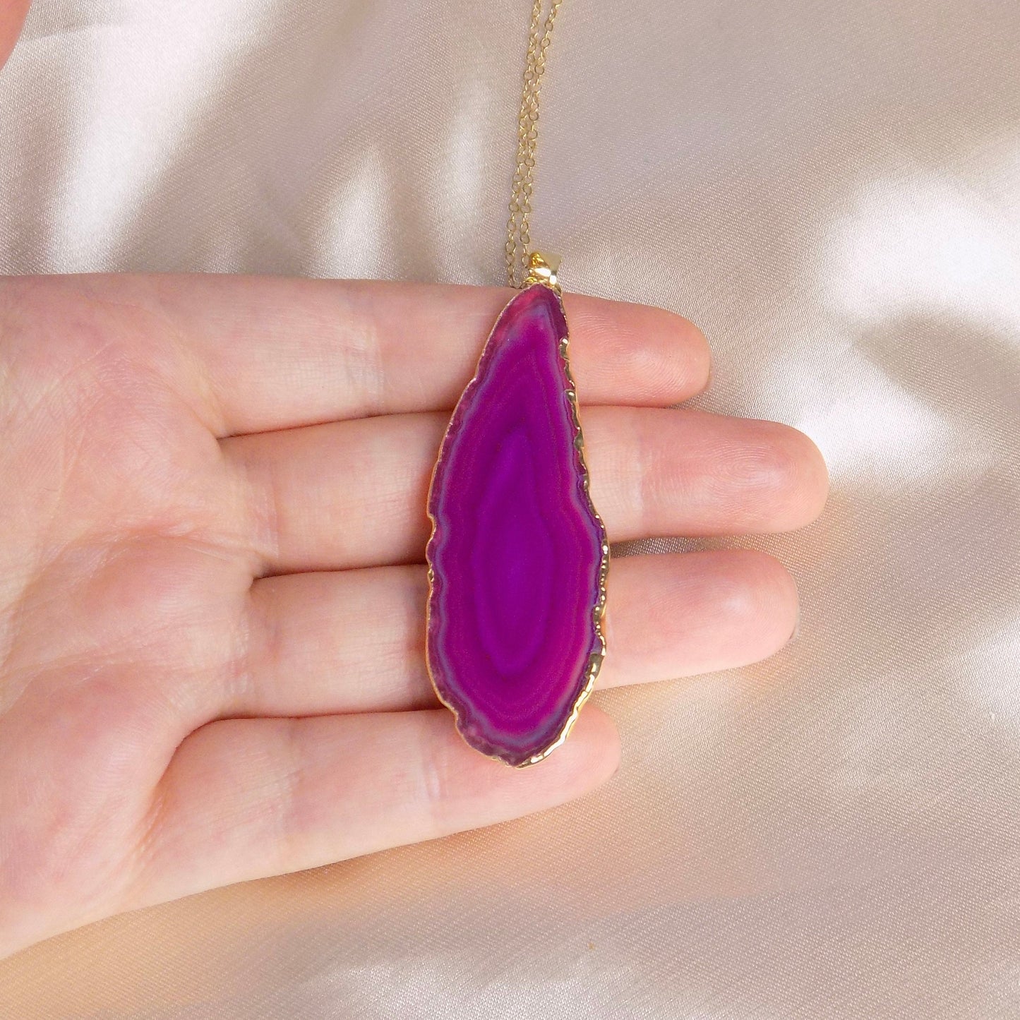 Pink Agate Slice Crystal Necklace Gold, Gifts For Mom, G15-53
