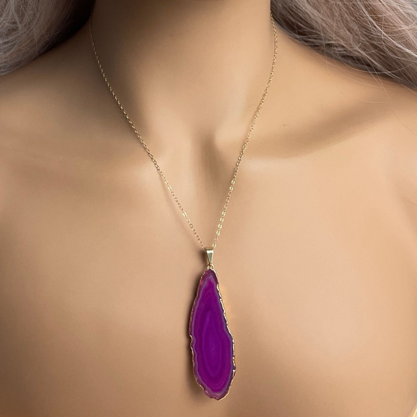 Pink Agate Slice Crystal Necklace Gold, Gifts For Mom, G15-53