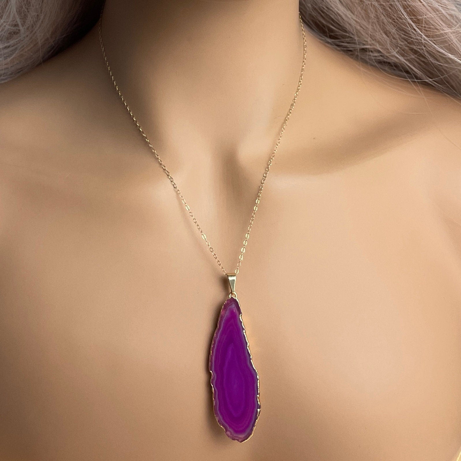 Pink Agate Slice Crystal Necklace Gold, Gifts For Mom, G15-53