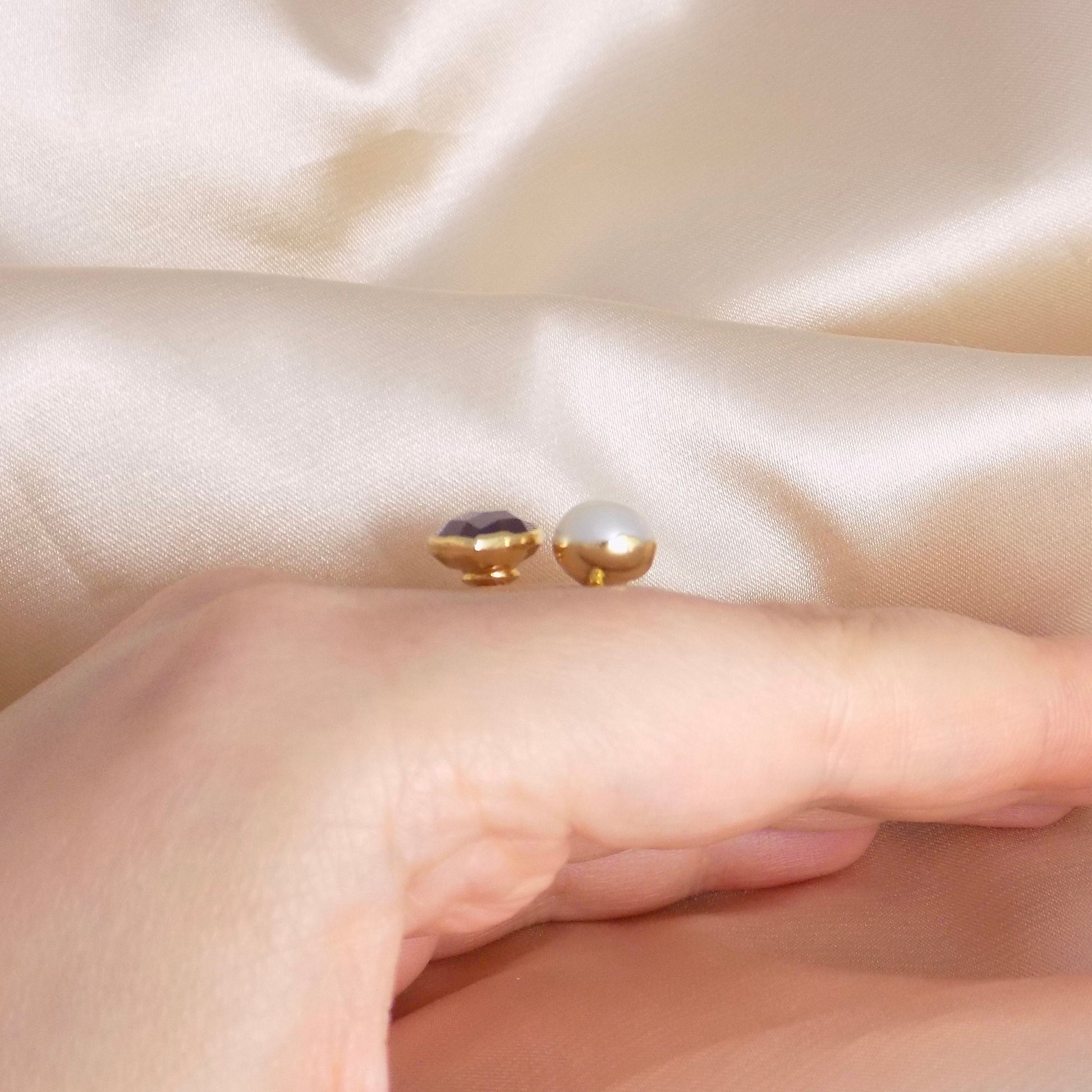 Amethyst Ring, Freshwater Pearl Ring, Gold Adjustable Multistone Statement Rings, Gift Women, M7-11
