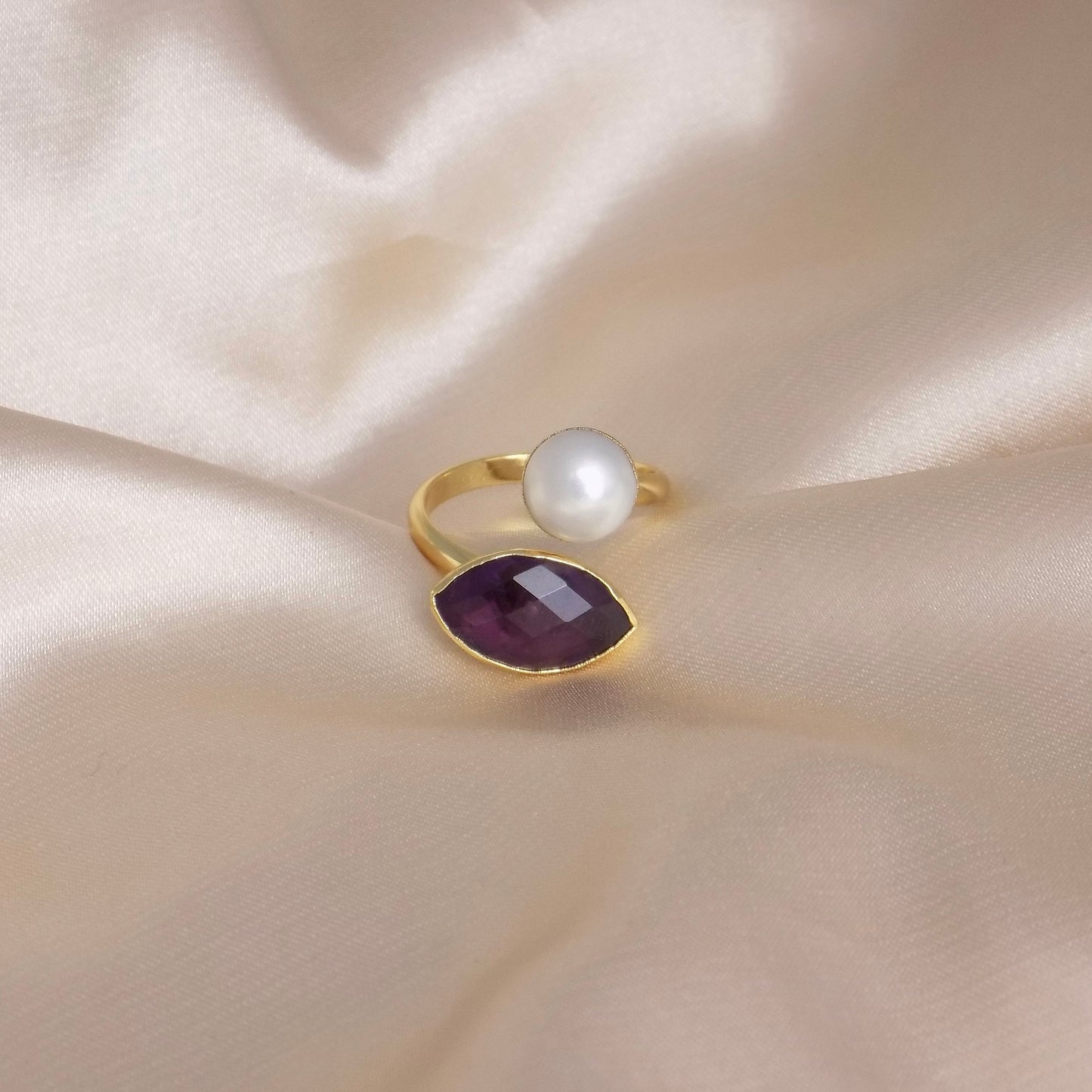 Amethyst Ring, Freshwater Pearl Ring, Gold Adjustable Multistone Statement Rings, Gift Women, M7-11