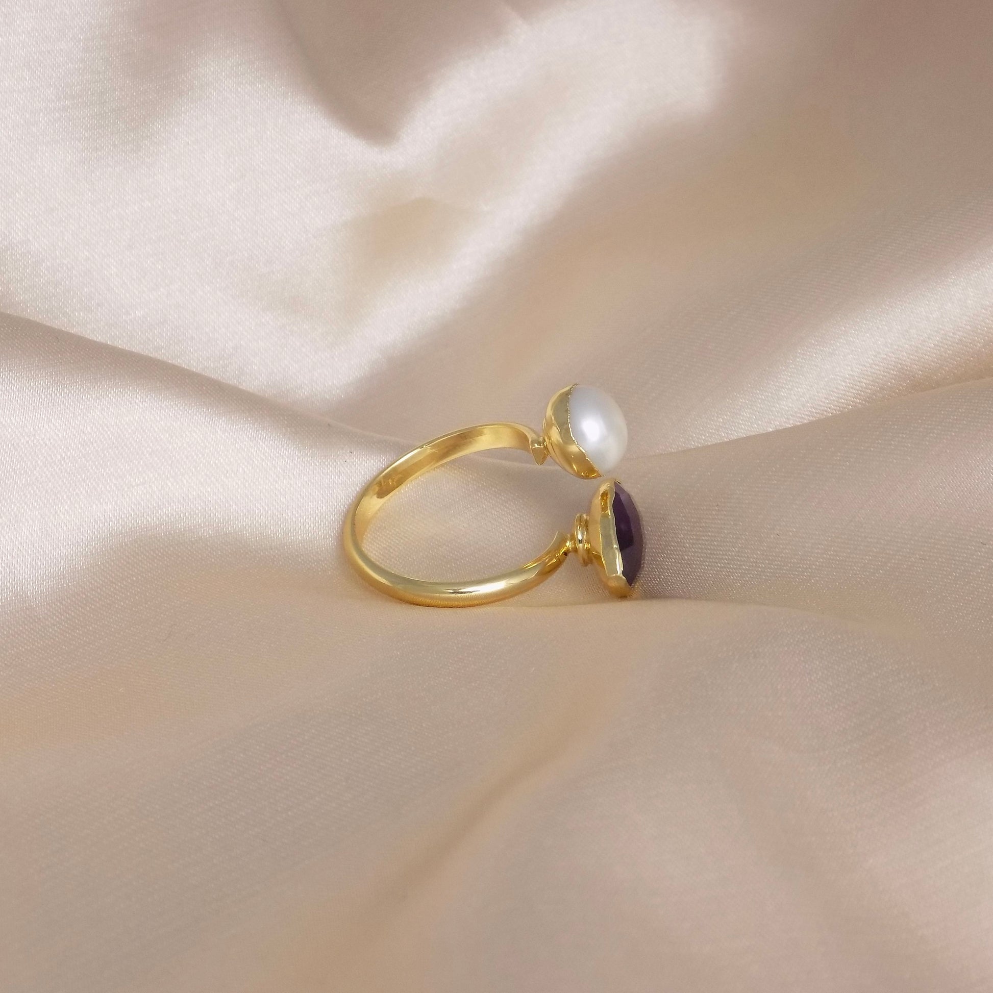Amethyst Ring, Freshwater Pearl Ring, Gold Adjustable Multistone Statement Rings, Gift Women, M7-11