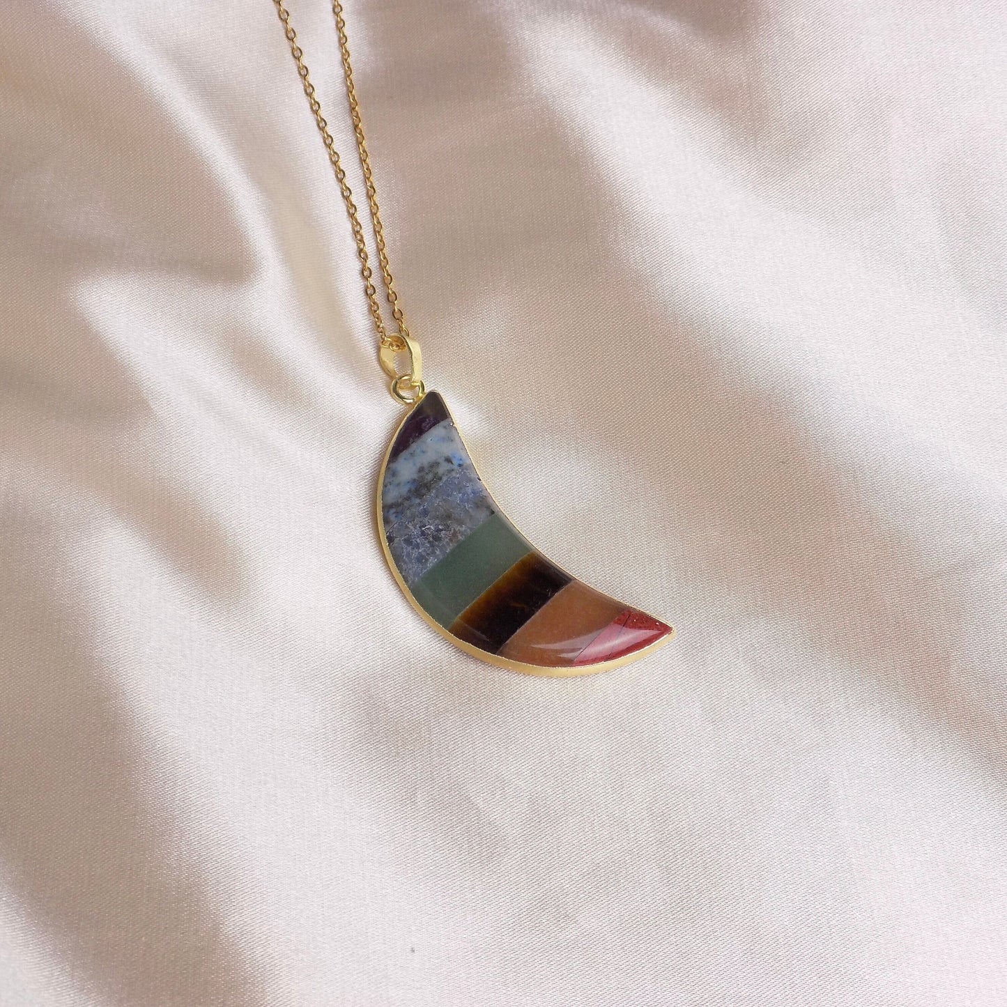 Seven Chakra Crystal Necklace Gold, Large Crescent Moon Necklace Boho Layer, Gift Women, M7-26