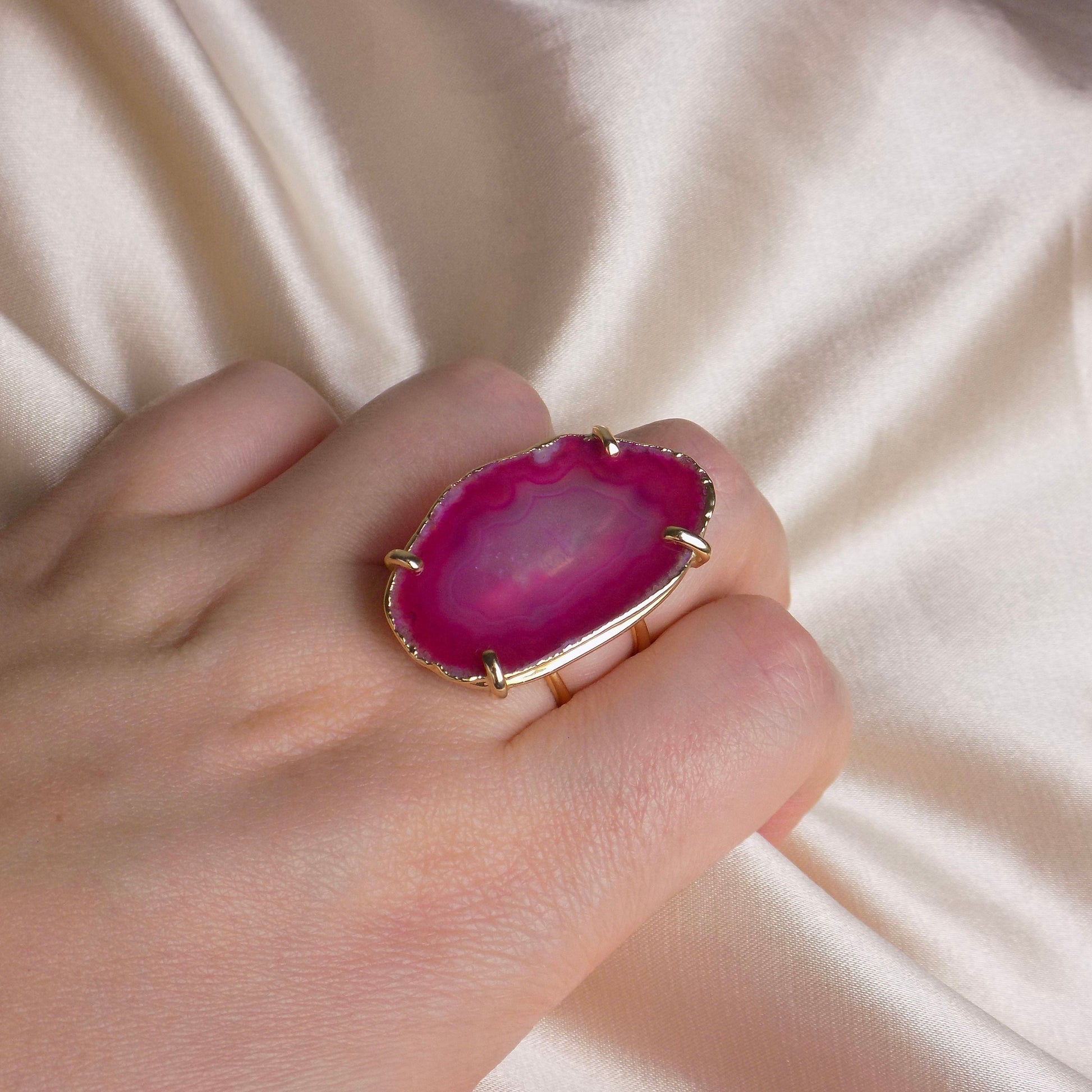 Pink Agate Statement Ring Gold Plated Adjustable, Geode Slice Ring, Gifts For Her, G15-82