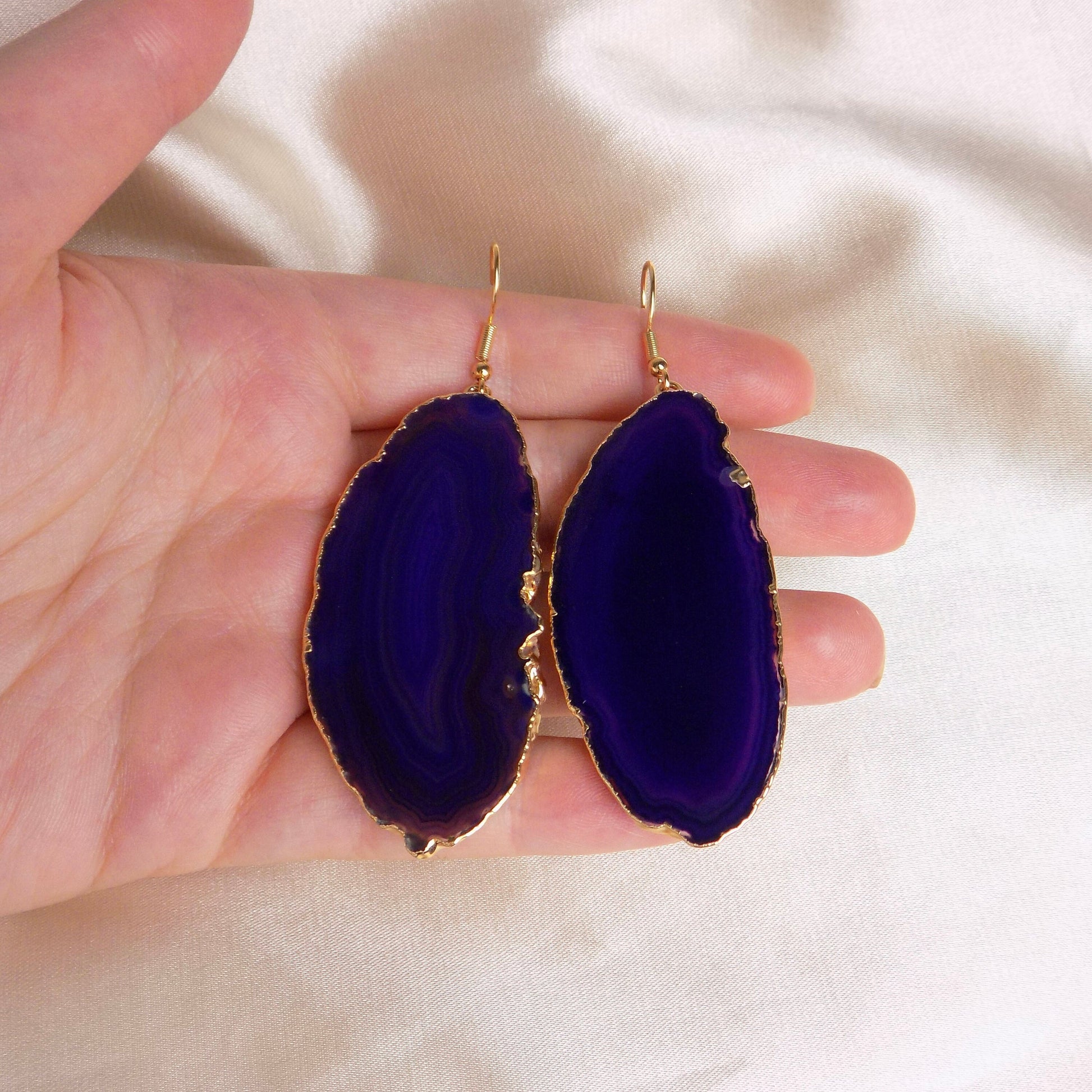 Large Agate Slice Earrings Purple Gold Dipped, Geode Earrings Dangle, Boho Gift Women, G15-83