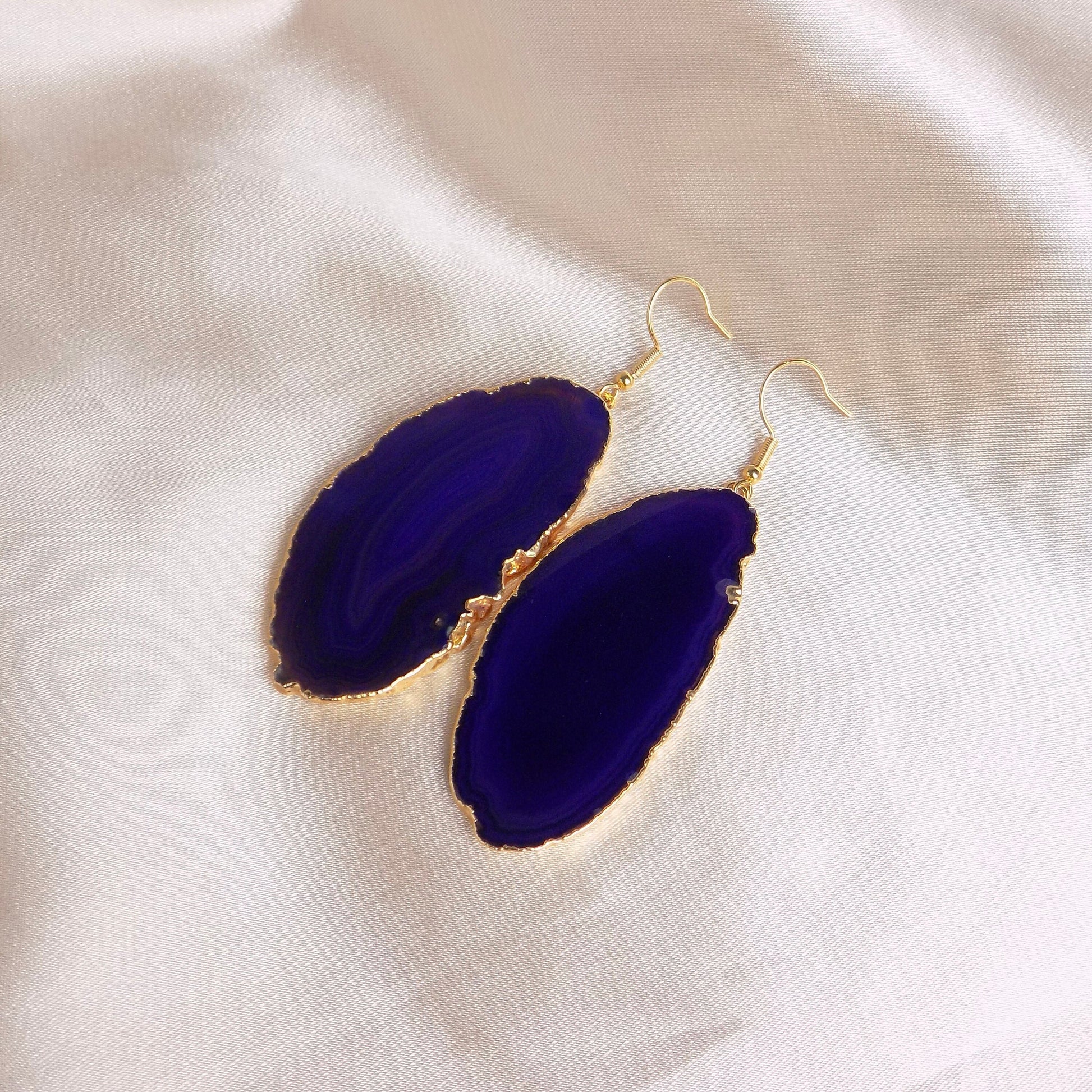 Large Agate Slice Earrings Purple Gold Dipped, Geode Earrings Dangle, Boho Gift Women, G15-83