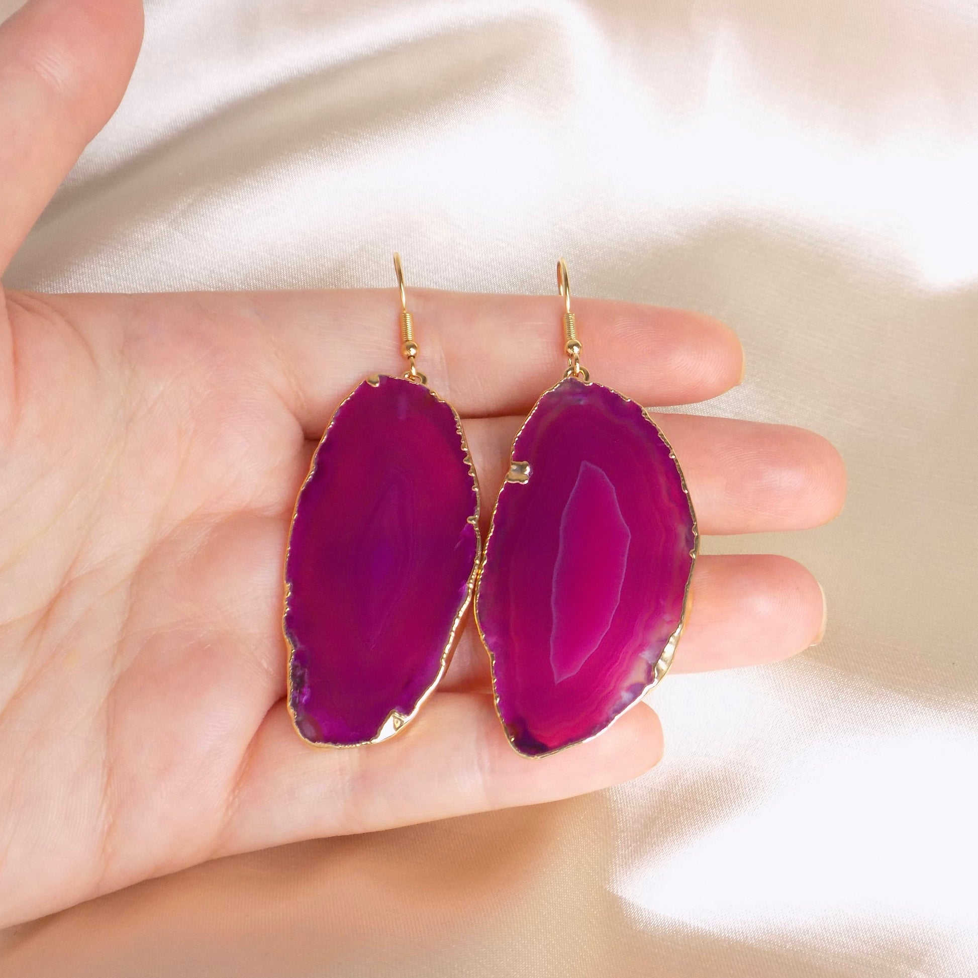 Pink Agate Statement Earrings Gold, Sliced Geode Earrings, Unique Boho Crystal Gifts Women, G15-85