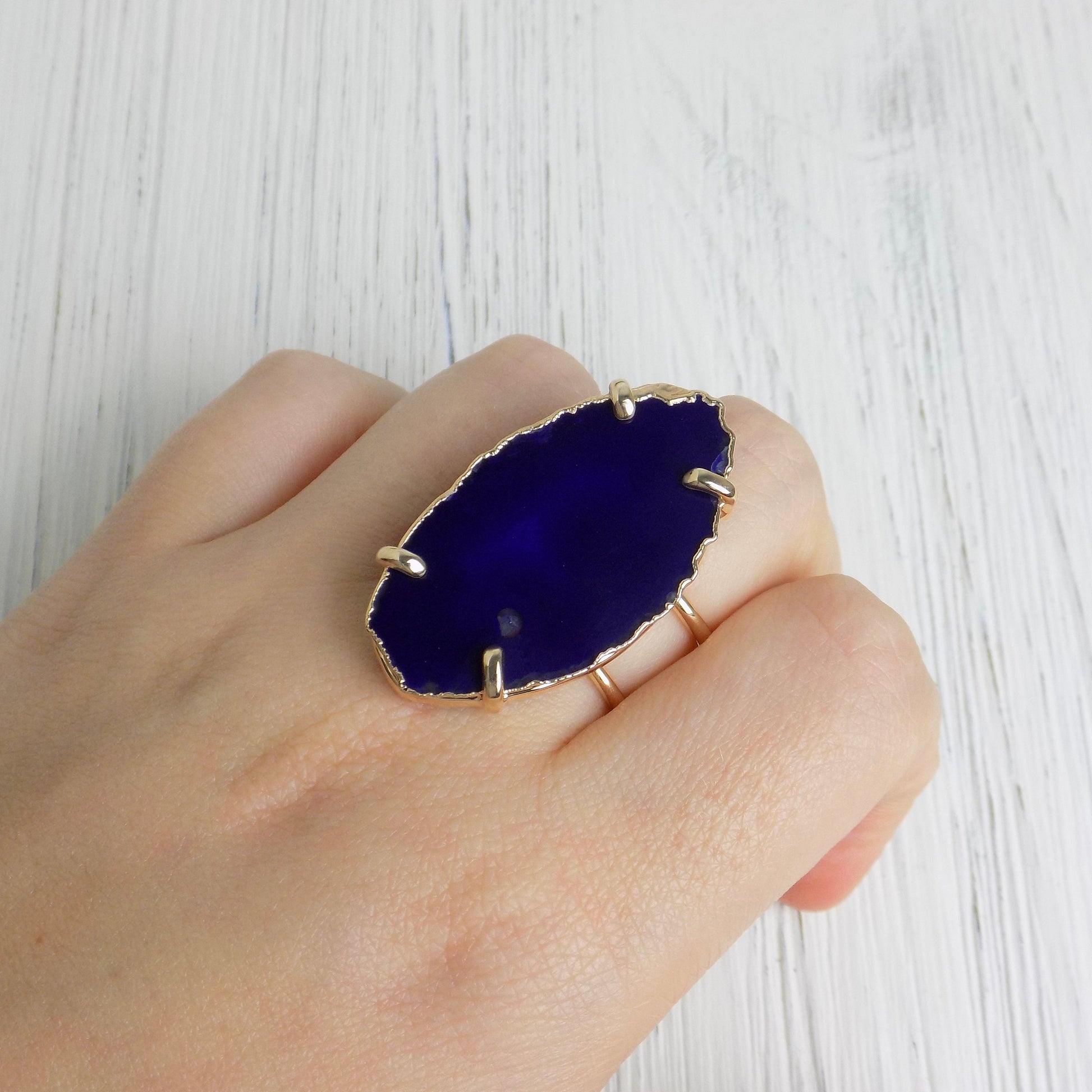 Purple Statement Gemstone Ring Gold Adjustable, Agate Slice Rings, Gift For Mom, G14-150