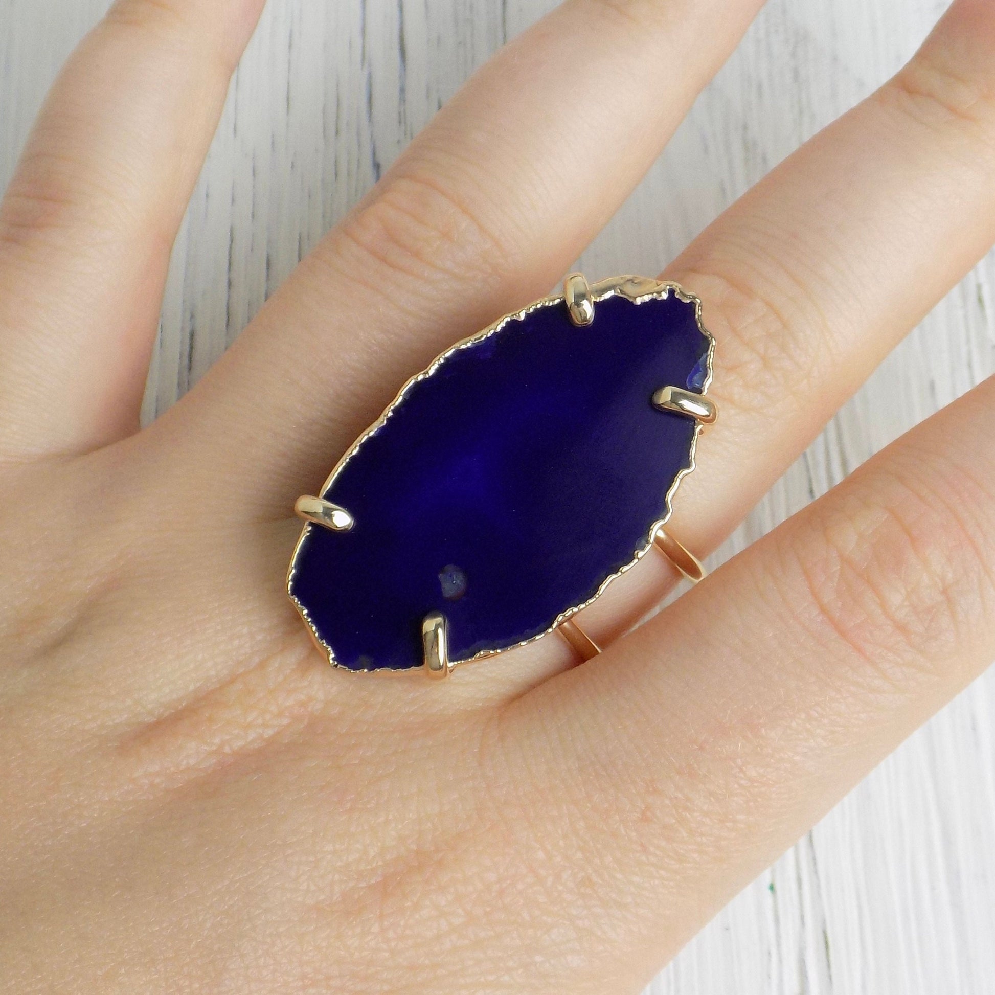 Purple Statement Gemstone Ring Gold Adjustable, Agate Slice Rings, Gift For Mom, G14-150