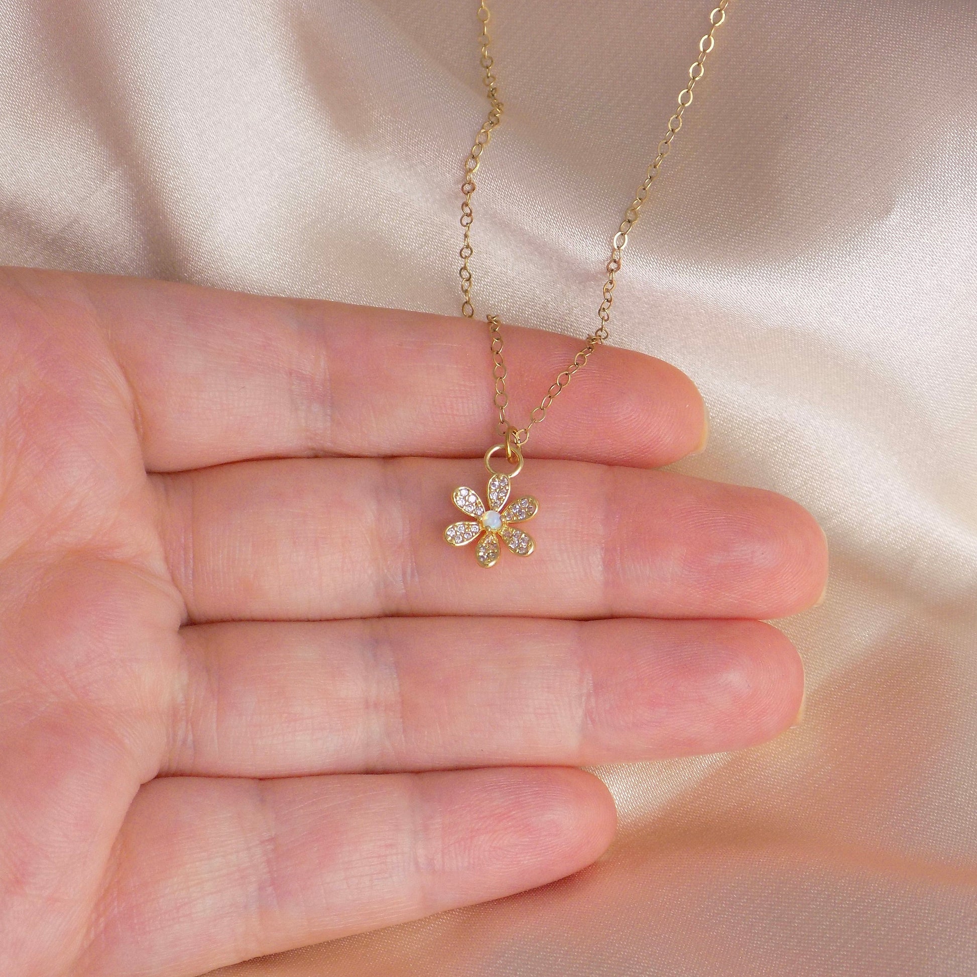 Opal Flower Charm Necklace Gold, Minimalist Cubic Zirconia Pendant For Women, M7-31