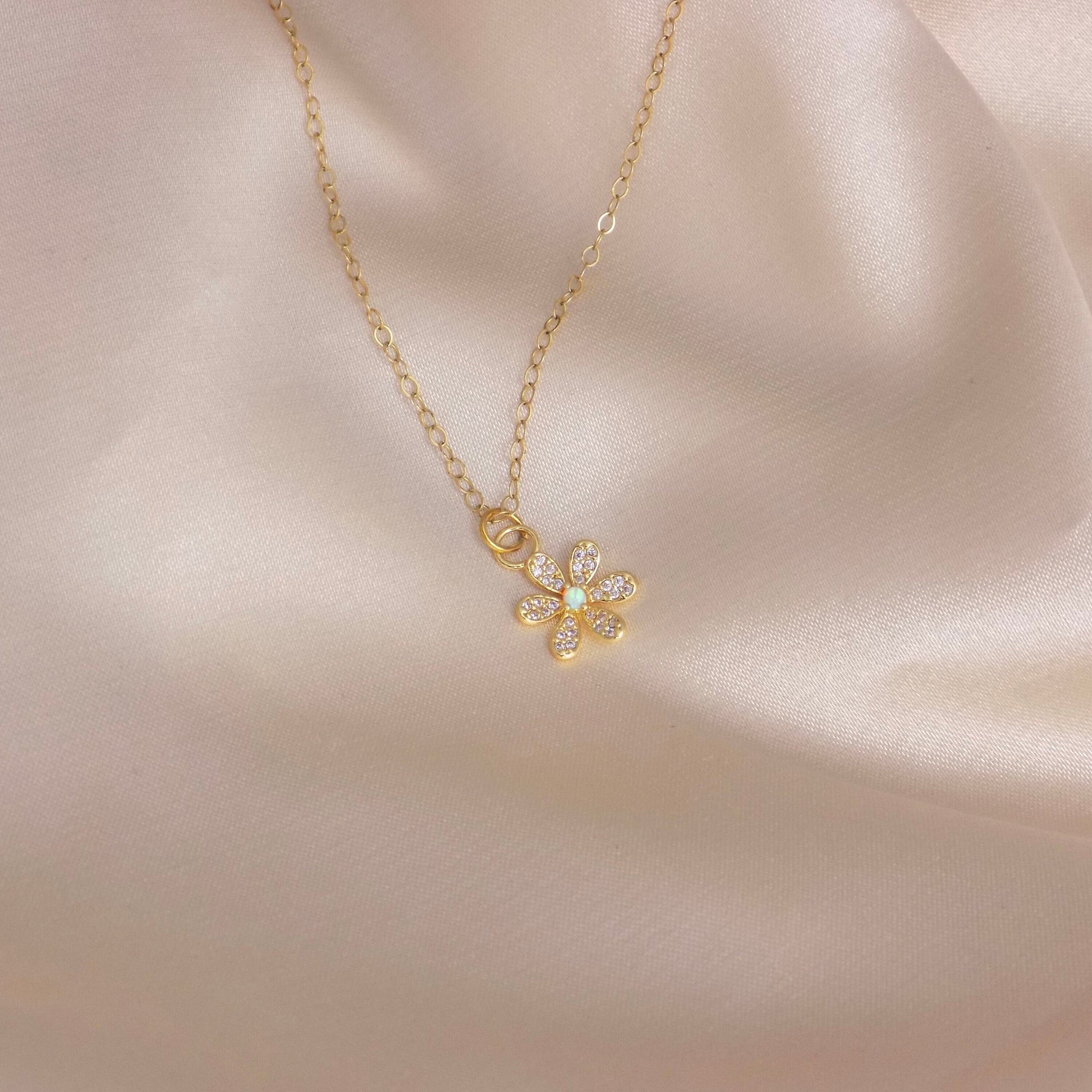 Opal Flower Charm Necklace Gold, Minimalist Cubic Zirconia Pendant For Women, M7-31