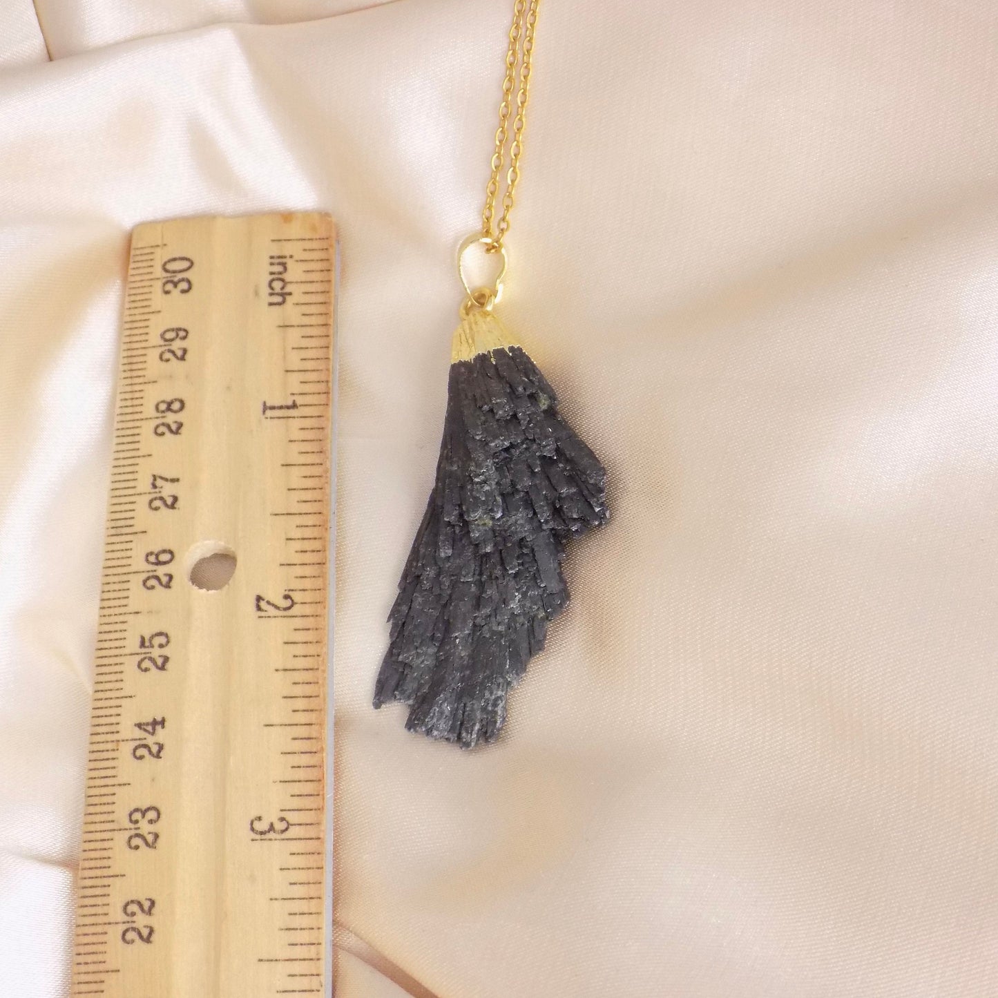 Raw Black Kyanite Pendant Necklace Gold Layer, Rustic Boho Jewelry, M7-18