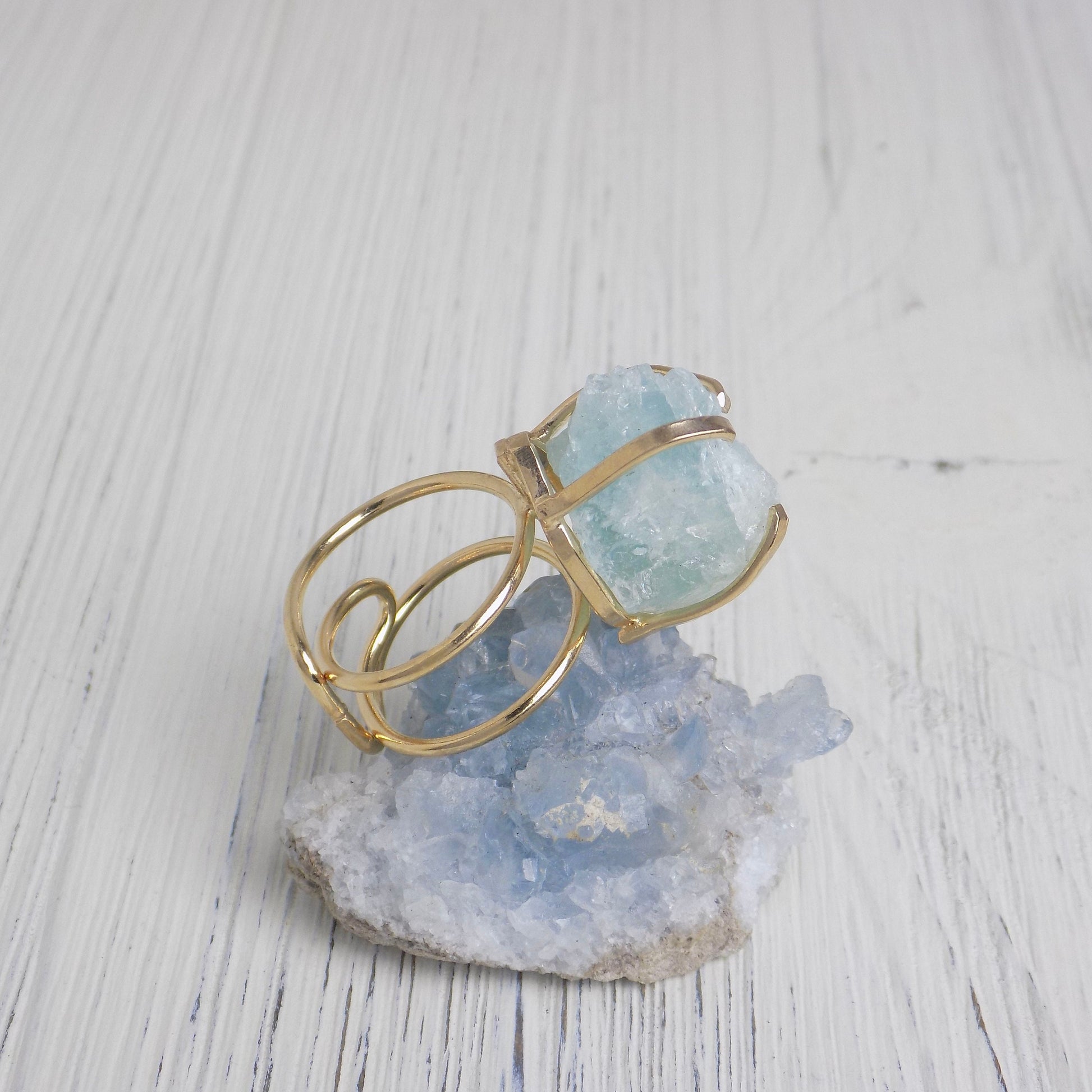 March Birthstone Raw Aquamarine Ring, Gold Adjustable Raw Stone Ring, Light Blue Crystal, G14-130